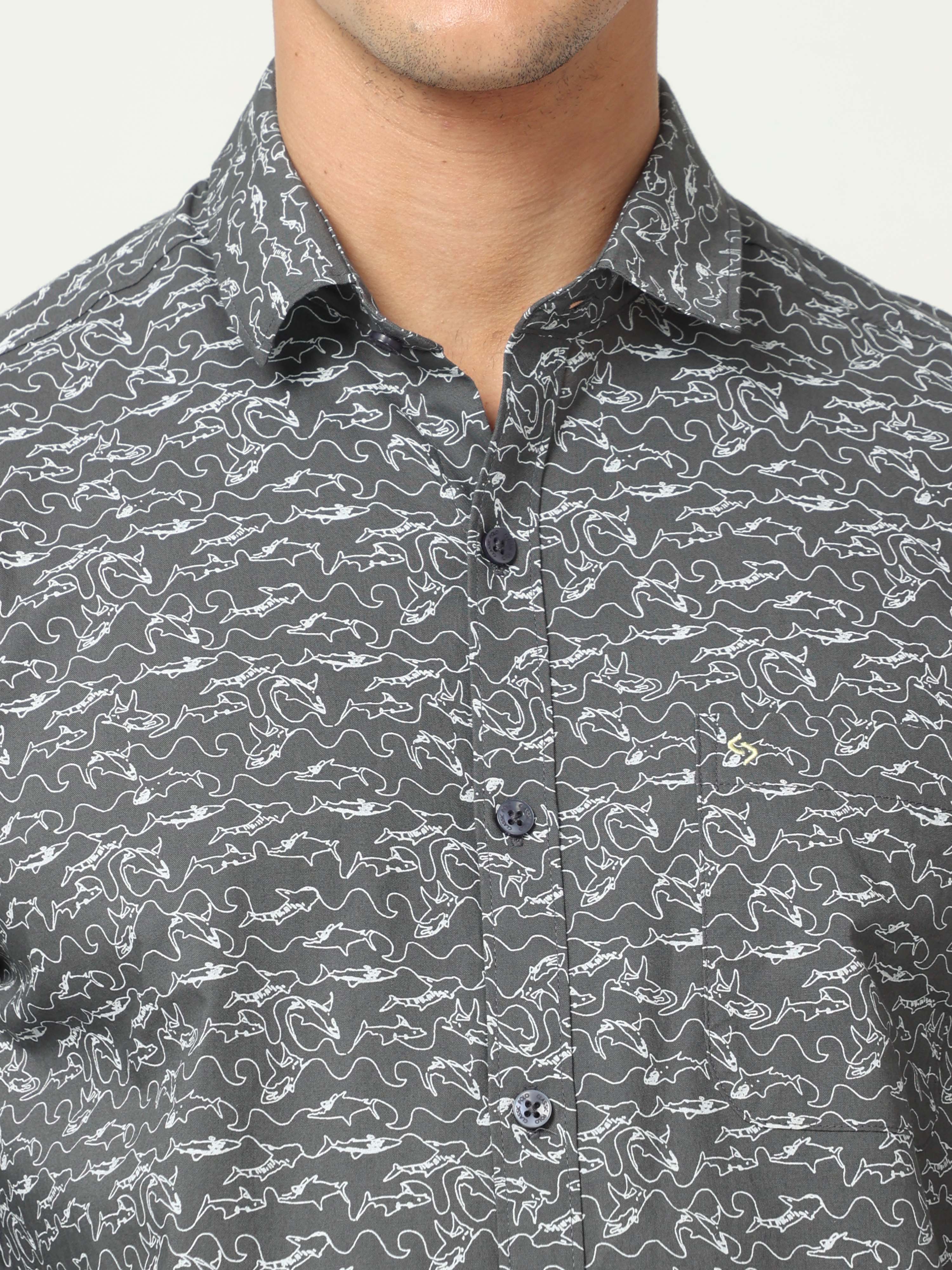 Classic Polo Mens Cotton Full Sleeve Printed Slim Fit Polo Neck Grey Color Woven Shirt | SO1-148 B-FS-PRT