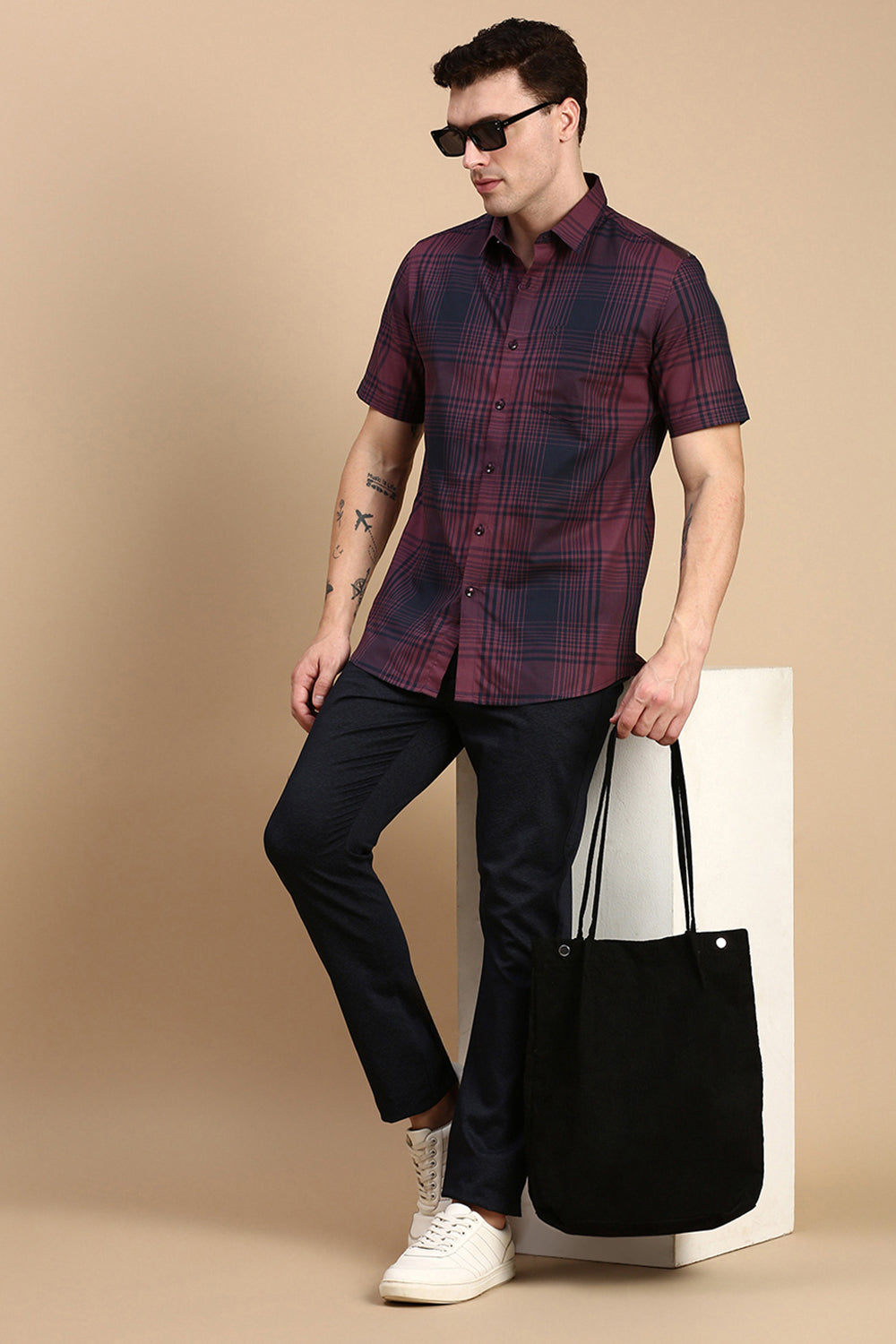 Classic Polo Men's Half Sleeve Maroon/Navy Polo Neck Slim Fit Checked Shirt | SP2-116 A-CHK-SF HS