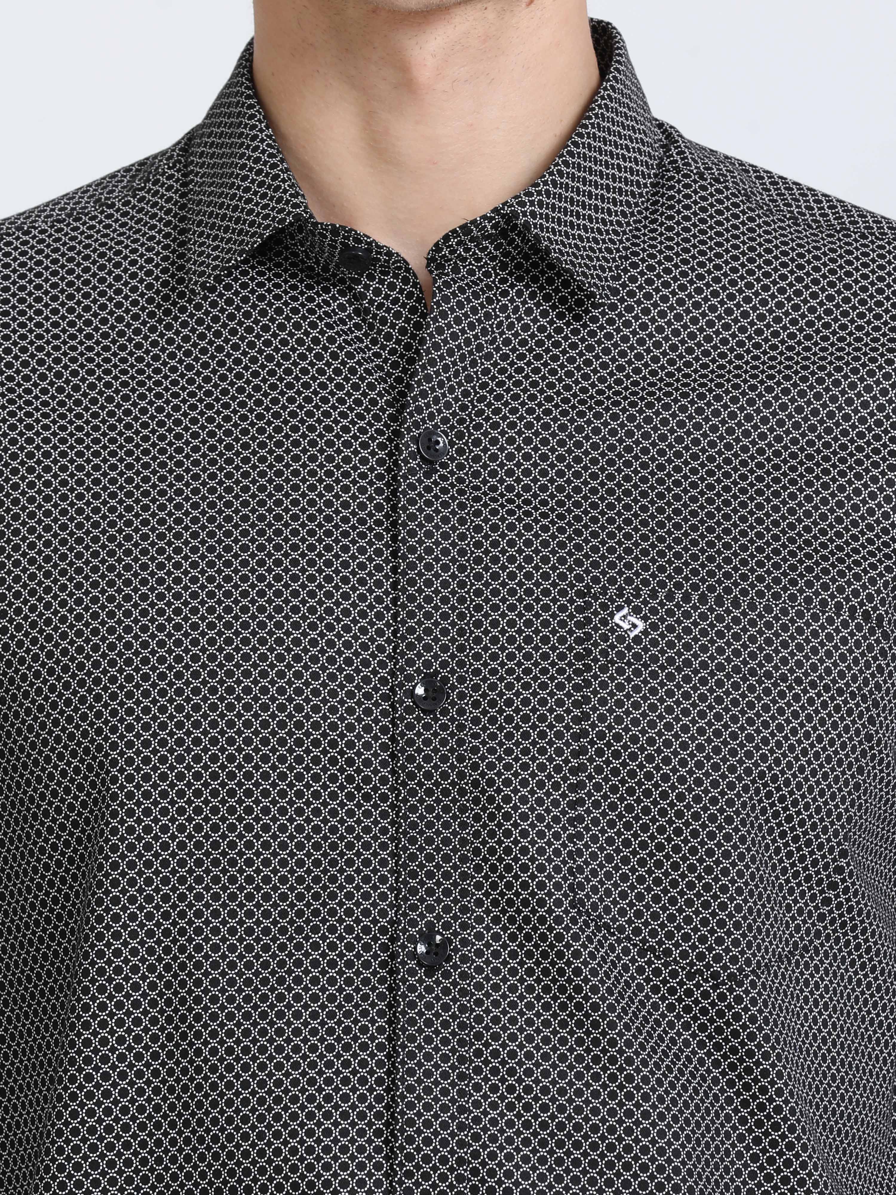 Classic Polo Mens Pure Cotton Full Sleeves Printed Slim Fit Polo Neck Black Color Woven Shirt | So2-160 B-Fs-Prt-Sf