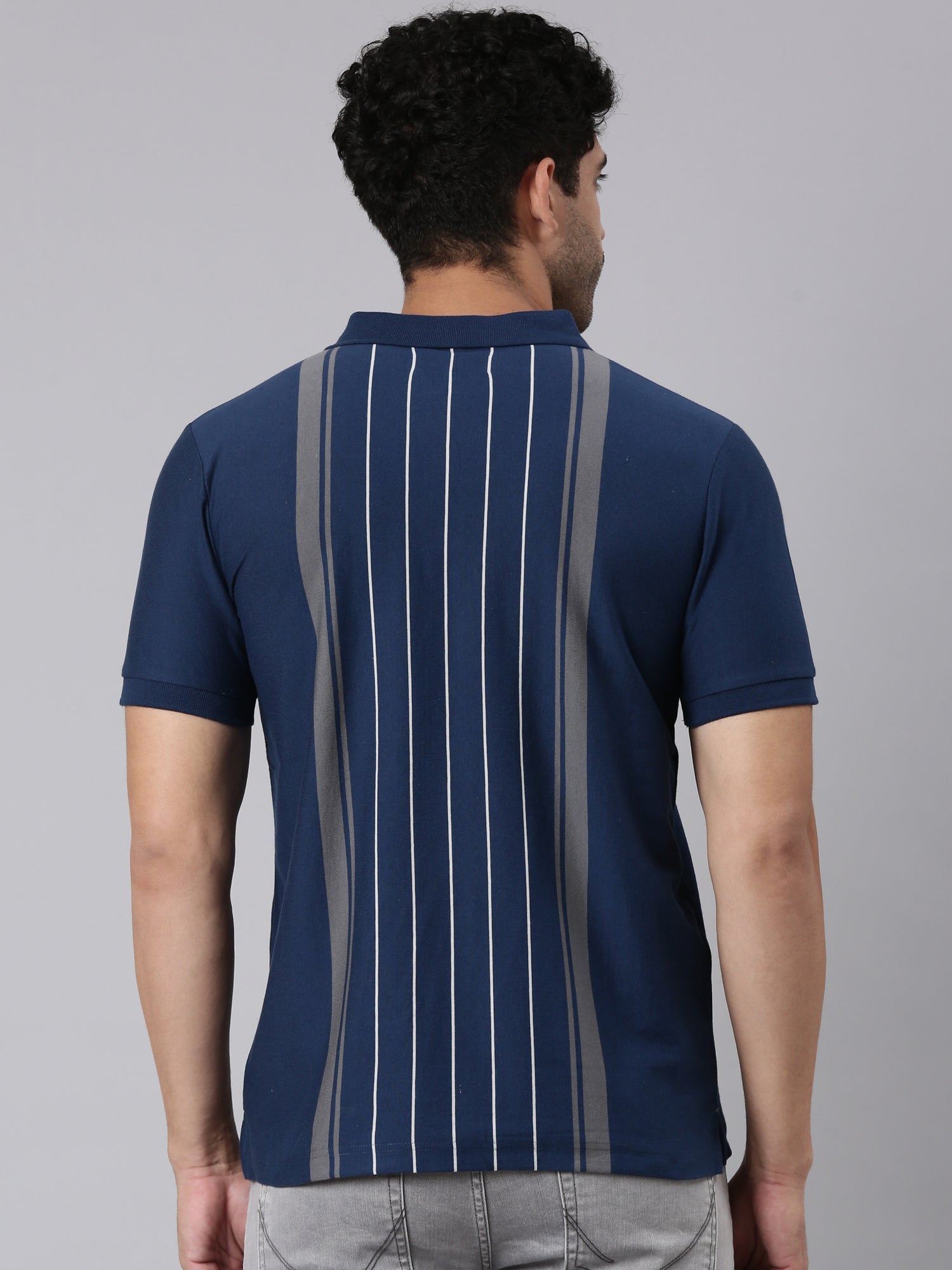 Classic Polo Men's Half Sleeve Navy Blue Polo Neck Slim Fit Striped Cotton Blend T-Shirt | VERTICS - 125 B SF P
