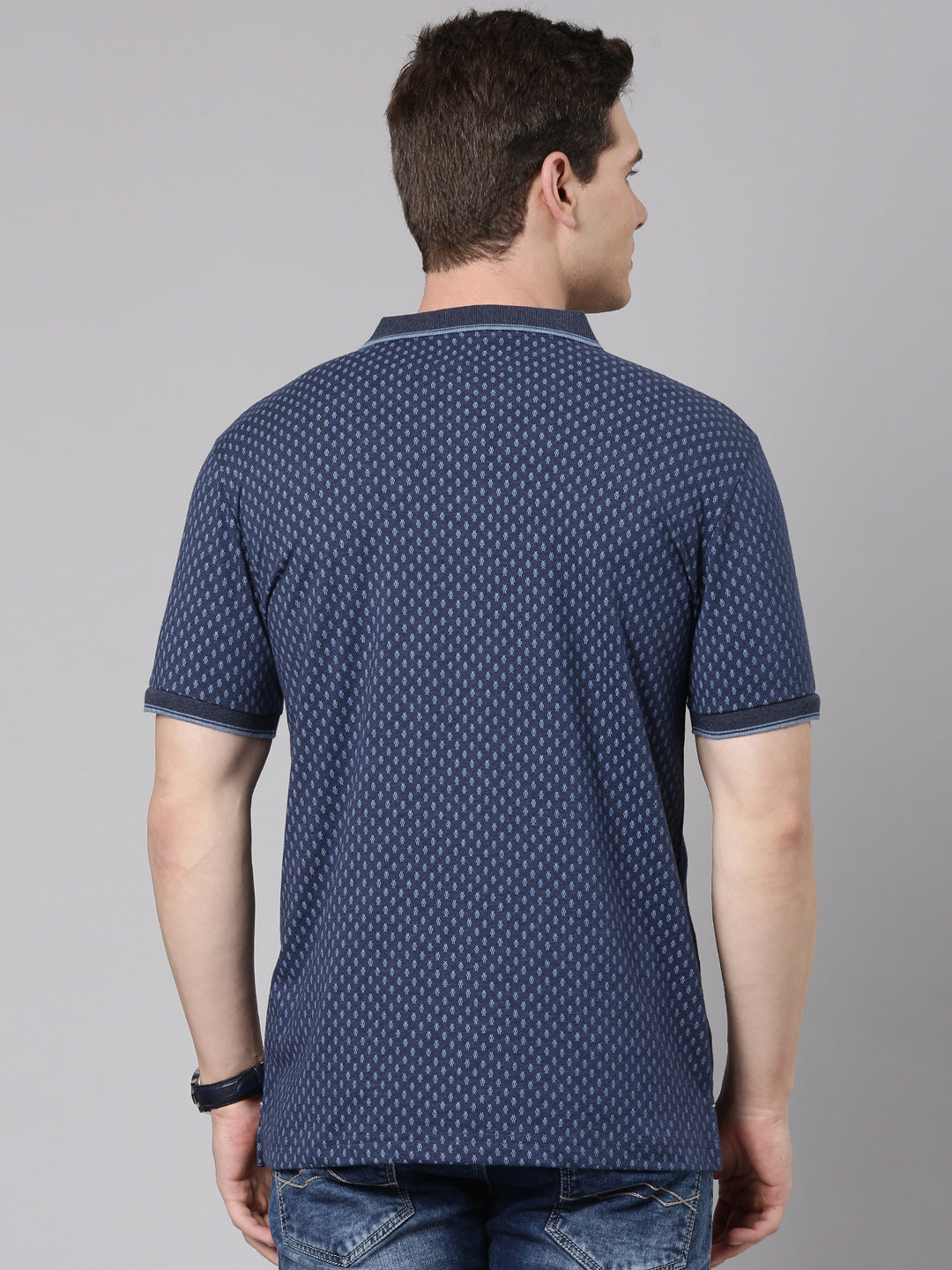 Classic Polo Men's Half Sleeve Navy Blue Polo Neck Slim Fit All Over Print Cotton T-Shirt | BELLO - 344 B SF P