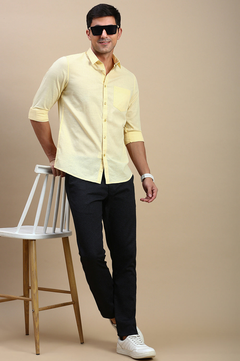 Classic Polo Men's Full Sleeve Lt.Yellow Polo Neck Slim Fit Solid Casual Shirt | TOY-TRALIX-CREAM SF FS