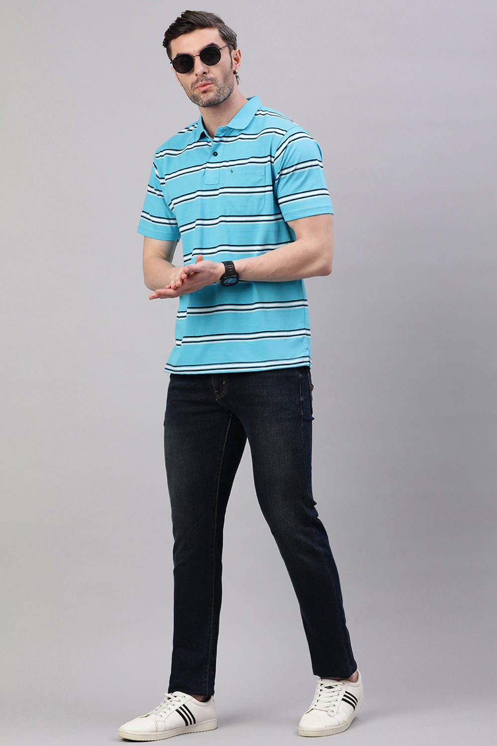 Classic Polo Men's Half Sleeve Blue/White Polo Neck Authentic Fit Striped T-Shirt