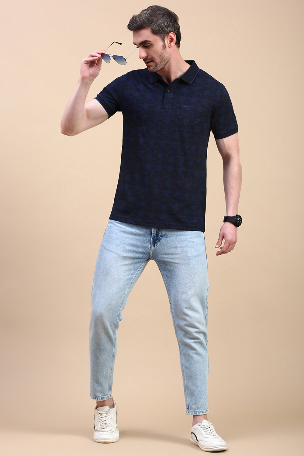 Classic Polo Men's Half Sleeve Navy Blue Polo Neck Slim Fit All Over Print T-Shirt | BELLO - 324 B SF P