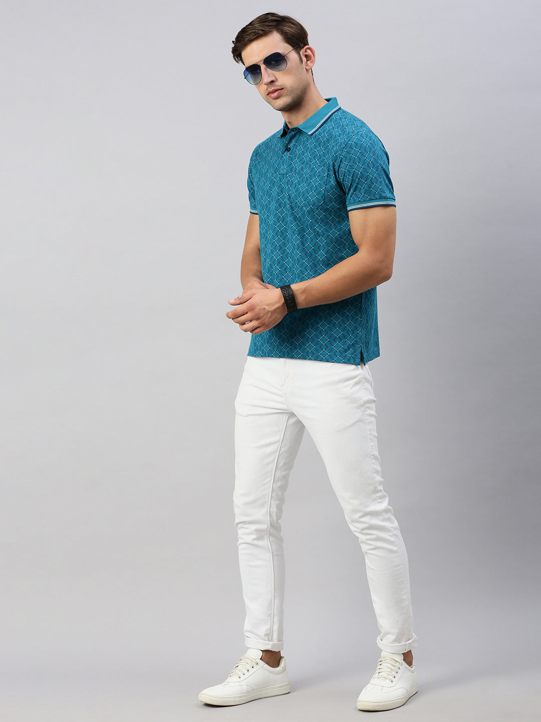 Classic Polo Men's Printed Teal Cotton Slim Fit Half Sleeve T-Shirt | BEAU - 261 B SF P
