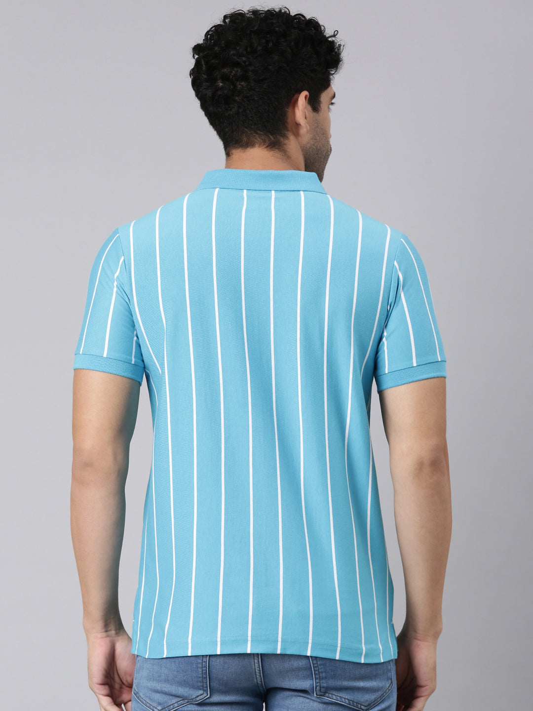Classic Polo Men's Half Sleeve Turquoise Blue/White Polo Neck Slim Fit Striped Cotton Blend T-Shirt | VERTICS - 123 A SF P
