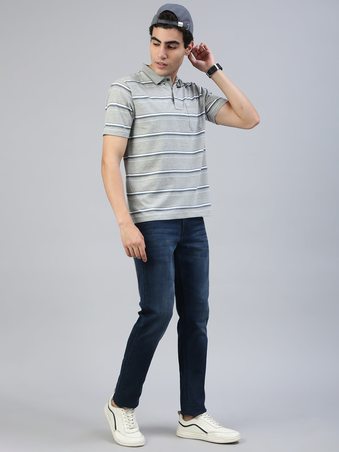 Classic Polo Men's Half Sleeve Grey/White Polo Neck Authentic Fit Striped T-Shirt||AVON - 606 B AF P