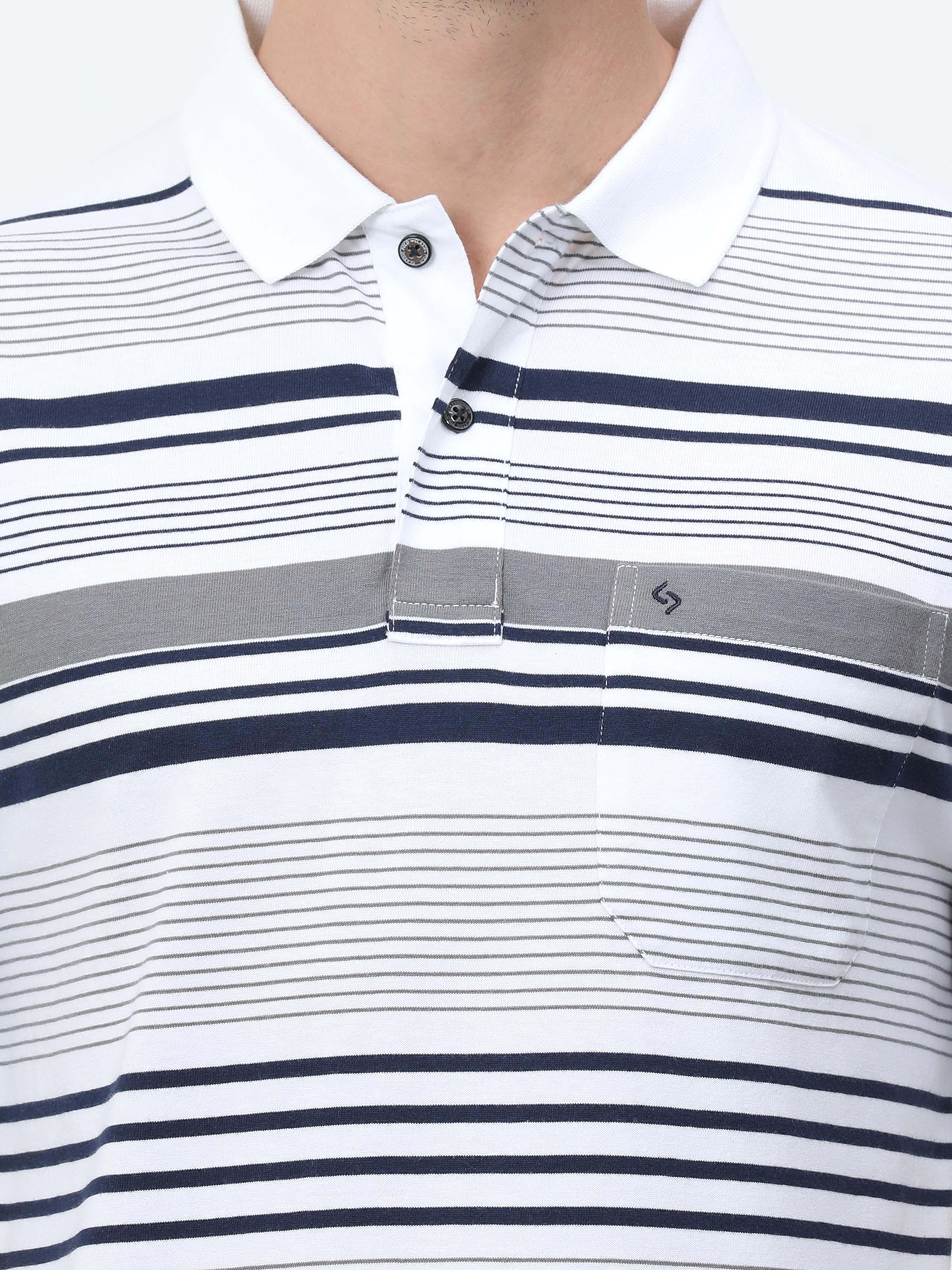 Classic Polo Mens Cotton Half Sleeves Striped Authentic Fit Polo Neck White Color T-Shirt | Avon - 549 A Af P
