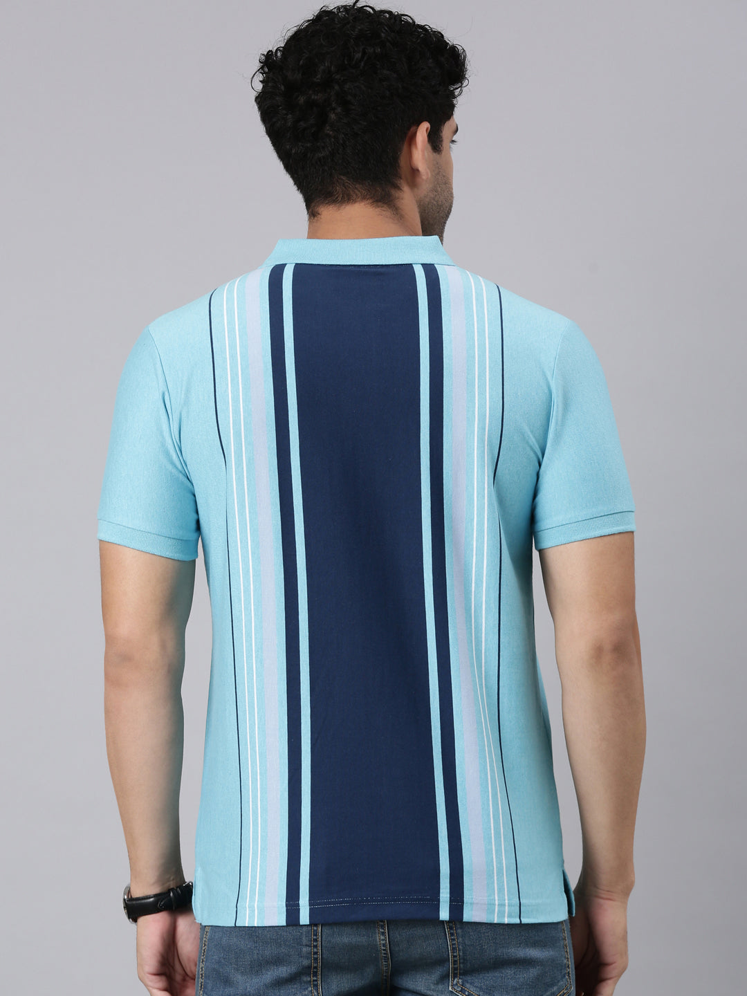 Classic Polo Men's Half Sleeve Turquoise/Navy Blue Polo Neck Slim Fit Striped Cotton Blend T-Shirt | VERTICS - 124 B SF P