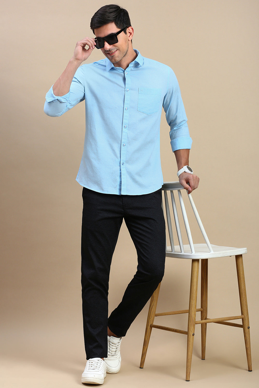 Classic Polo Men's Full Sleeve Blue Polo Neck Slim Fit Solid Casual Shirt | TOY-TRALIX-S.BLUE SF FS