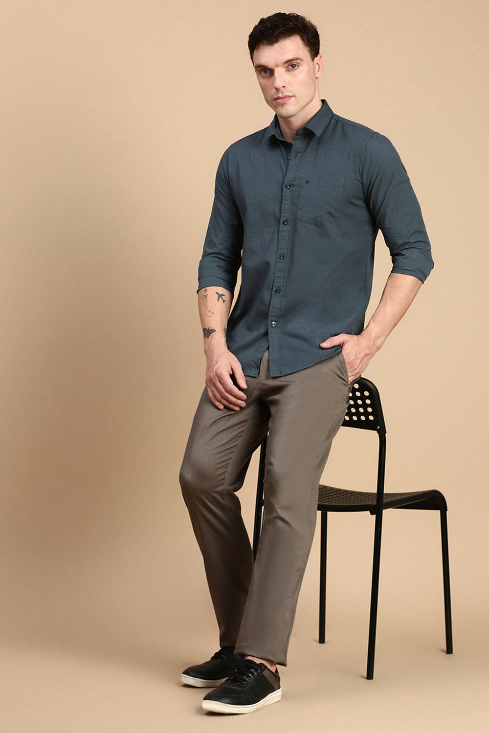 Classic Polo Men's Full Sleeve Dark Teal Polo Neck Slim Fit All Over Print Shirt | SP2-CL-74 A-FS-PRT-SF