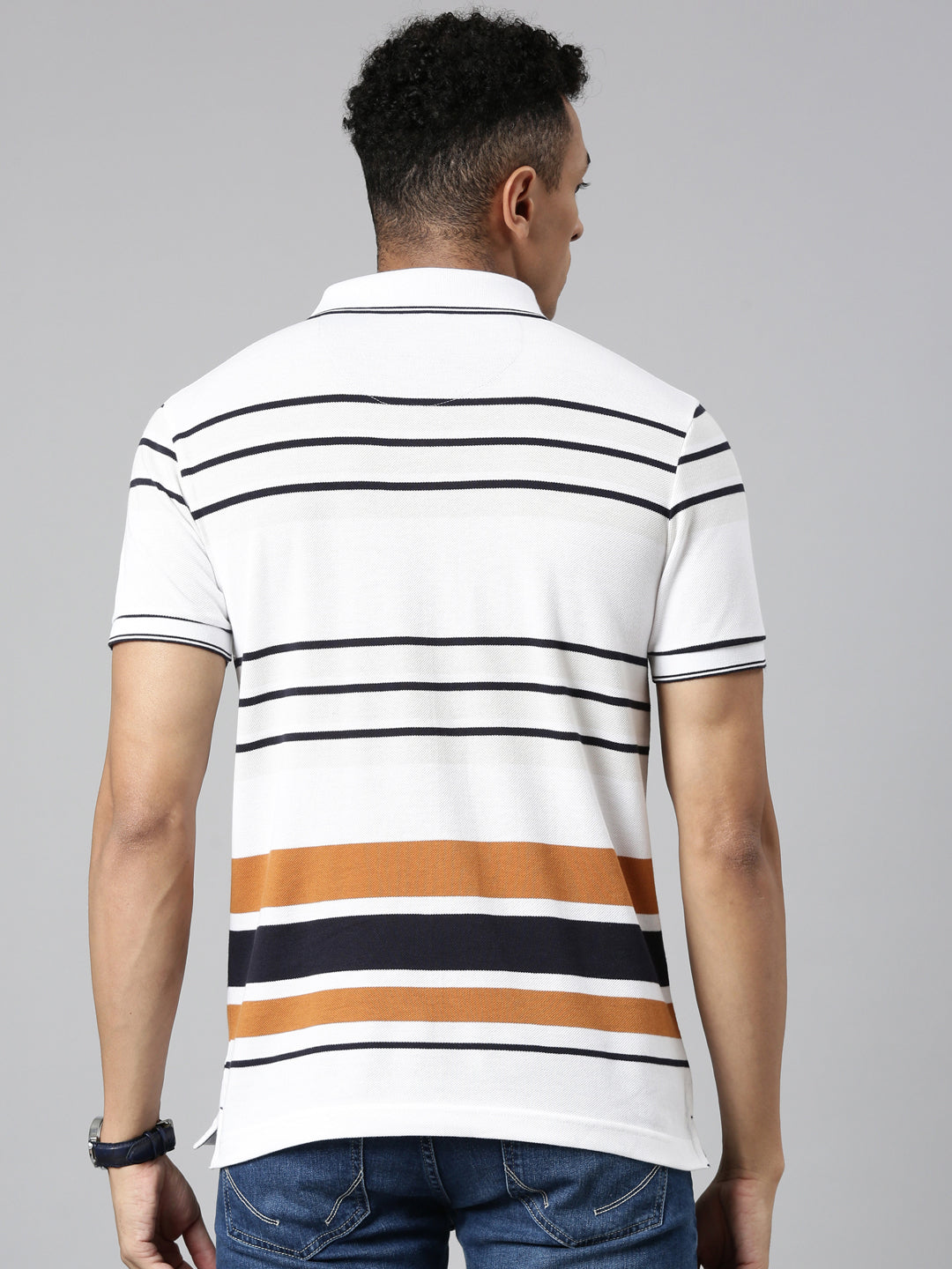 Classic Polo Men's Polo Neck Cotton White/Navy Slim Fit Striped T-Shirt | VTA-280 A SF P