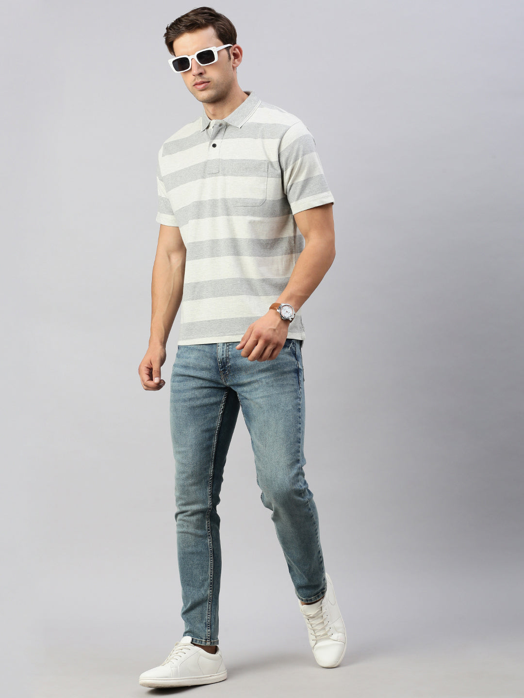 Classic Polo Men's Half Sleeve Grey Melange Polo Neck Cotton Authentic Fit T Shirt | MEL - 257 B AF P