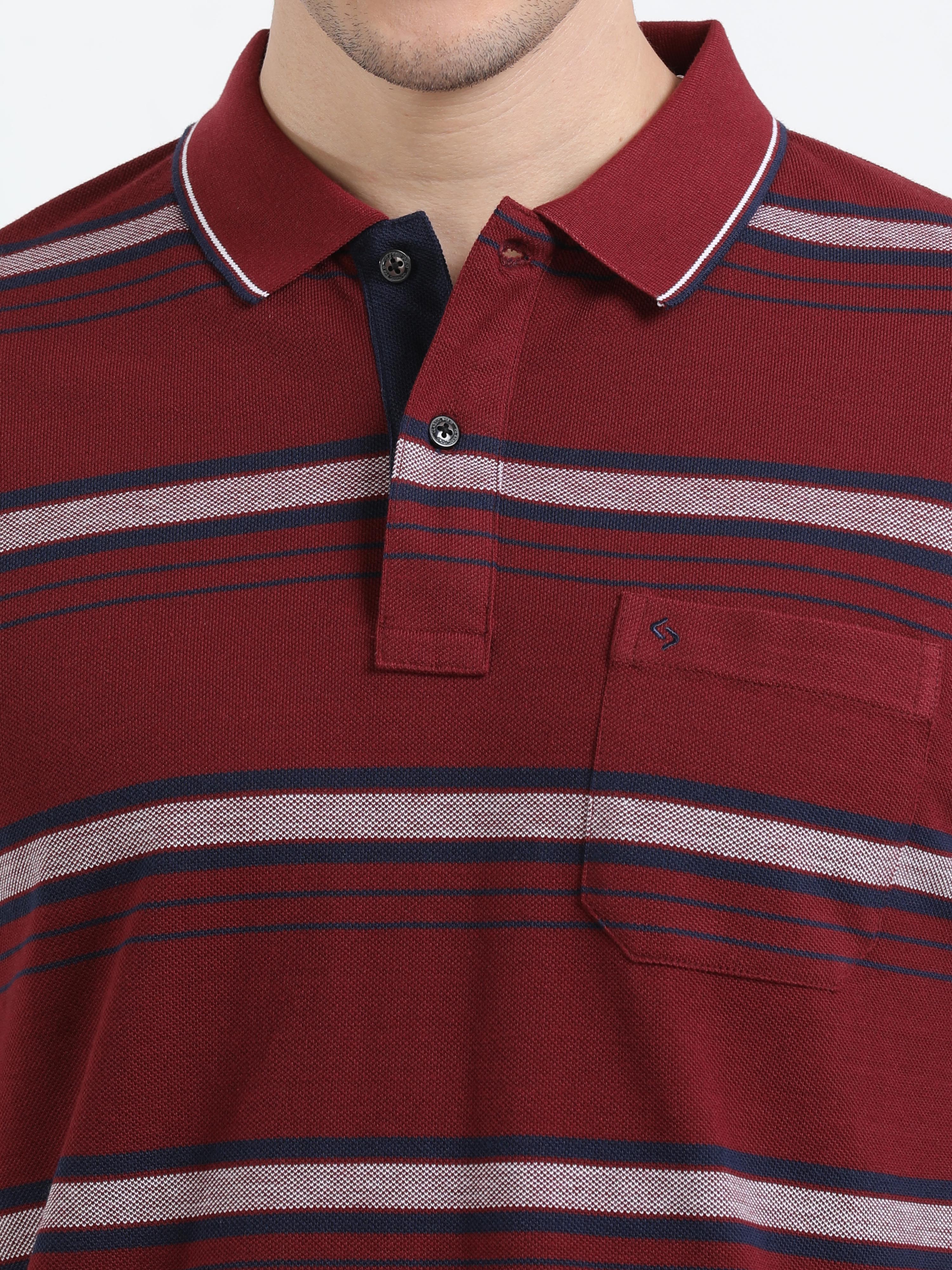 Classic Polo Mens Cotton Half Sleeves Striped Slim Fit Polo Neck Brown Color T-Shirt | Adore - 209 A Sf P