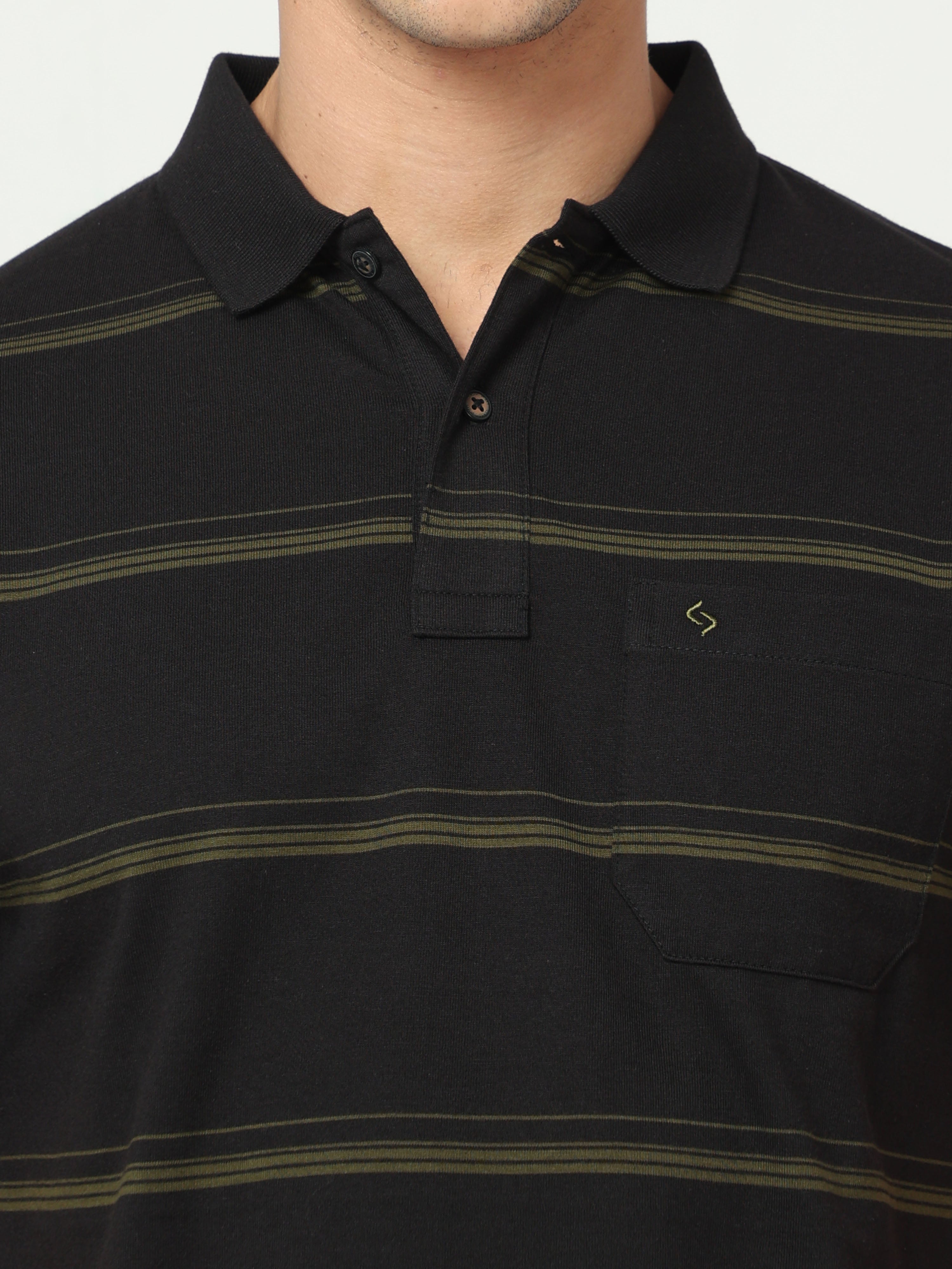 Classic Polo Mens Pure Cotton Half Sleeve Striped Regular Fit Polo Neck Black Color T Shirt | F-Avon - 110 B