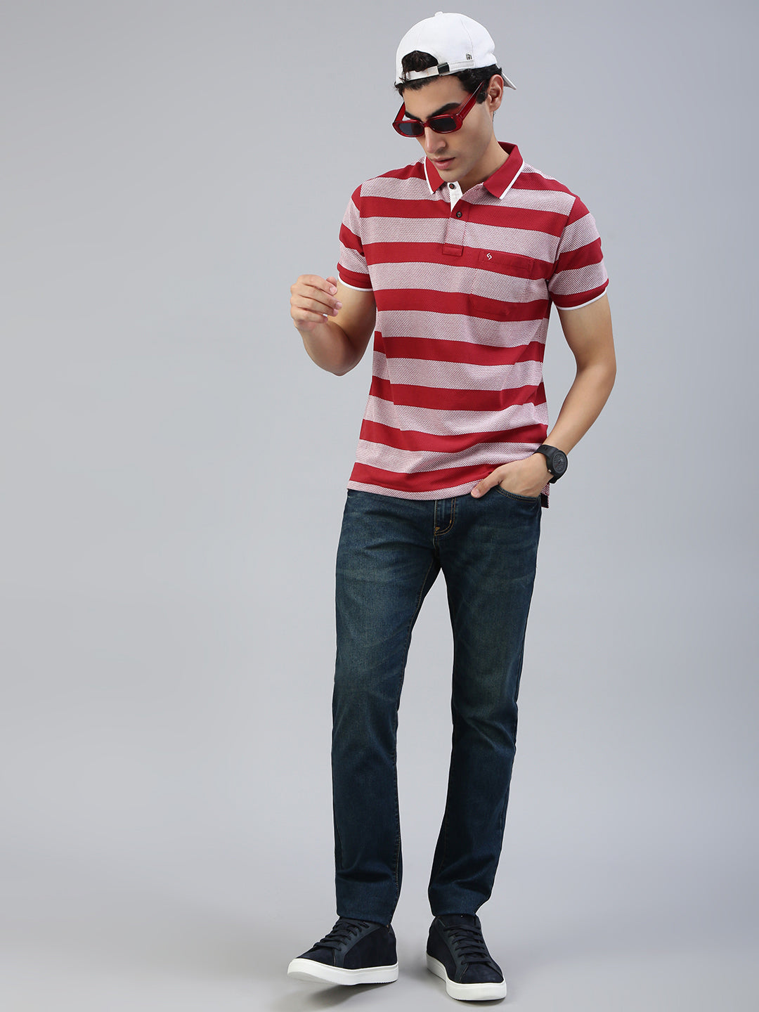 Classic Polo Men's Half Sleeve Red Polo Neck Slim Fit Striped T-Shirt||ADORE - 233 B SF P