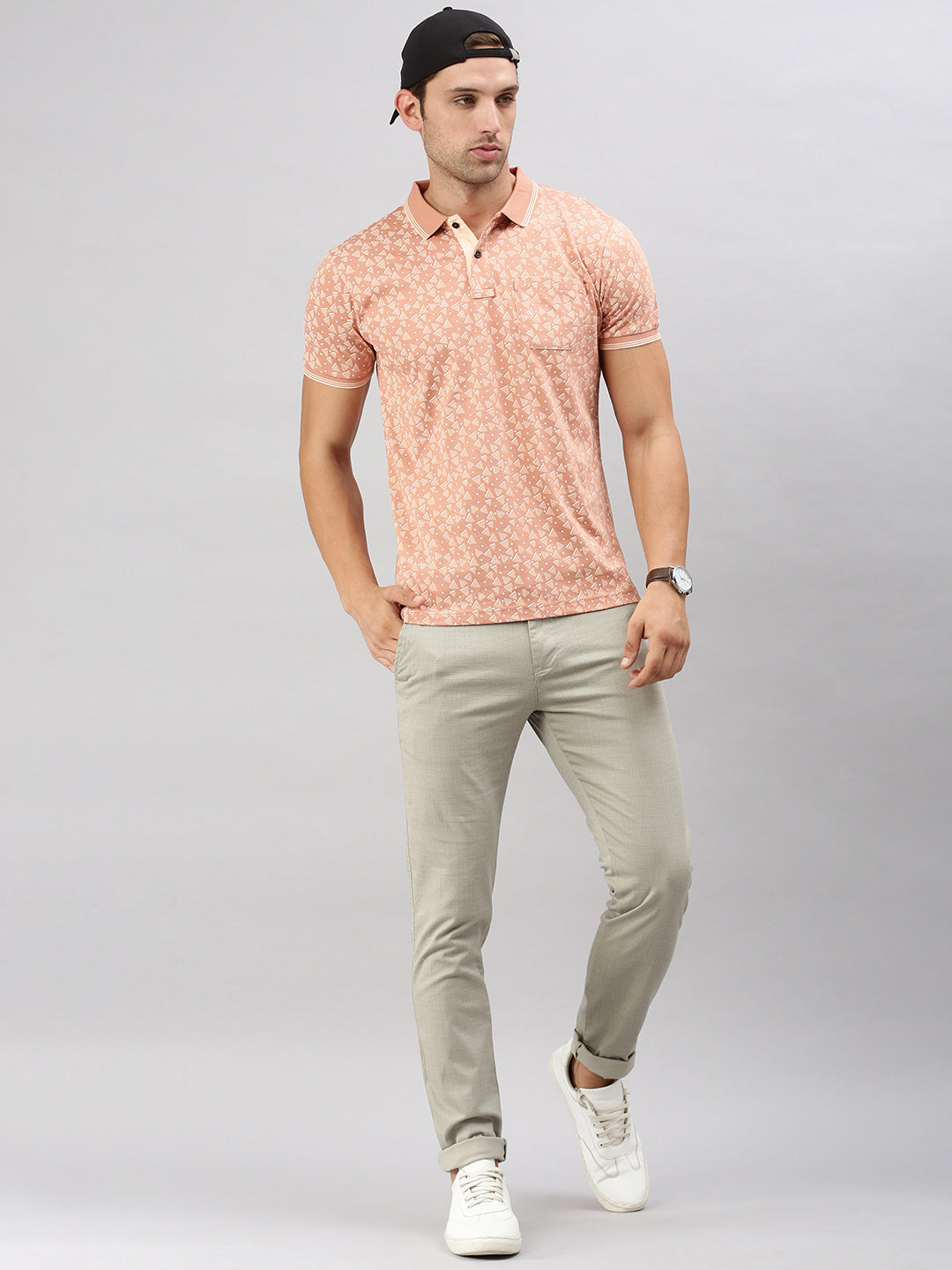 Classic Polo Men's Printed Peach Cotton Slim Fit Half Sleeve T-Shirt | BELLO - 293 A SF P