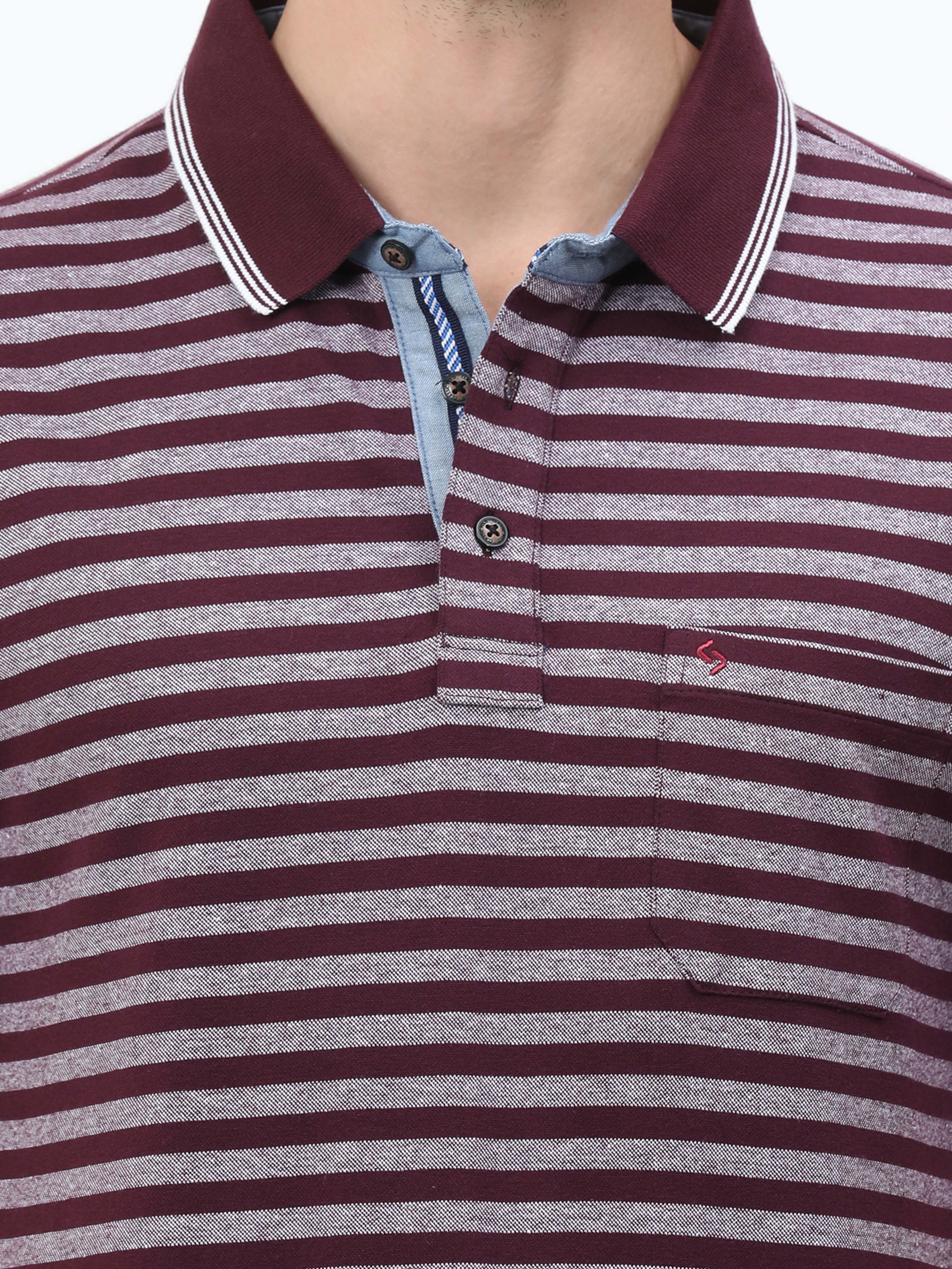 Classic Polo Mens Cotton Half Sleeves Striped Authentic Fit Polo Neck Maroon Color T-Shirt | Rare - 09 B Af P