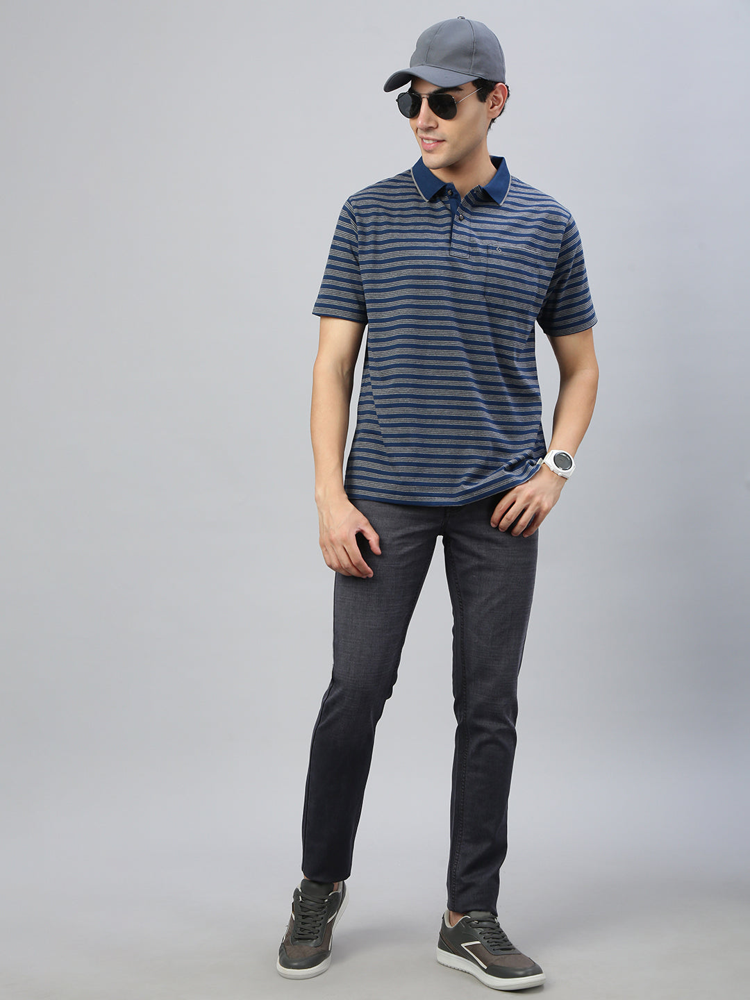 Classic Polo Men's Half Sleeve Navy Blue/Grey Polo Neck Authentic Fit Striped T-Shirt||FEEDERS - 279 A AF P