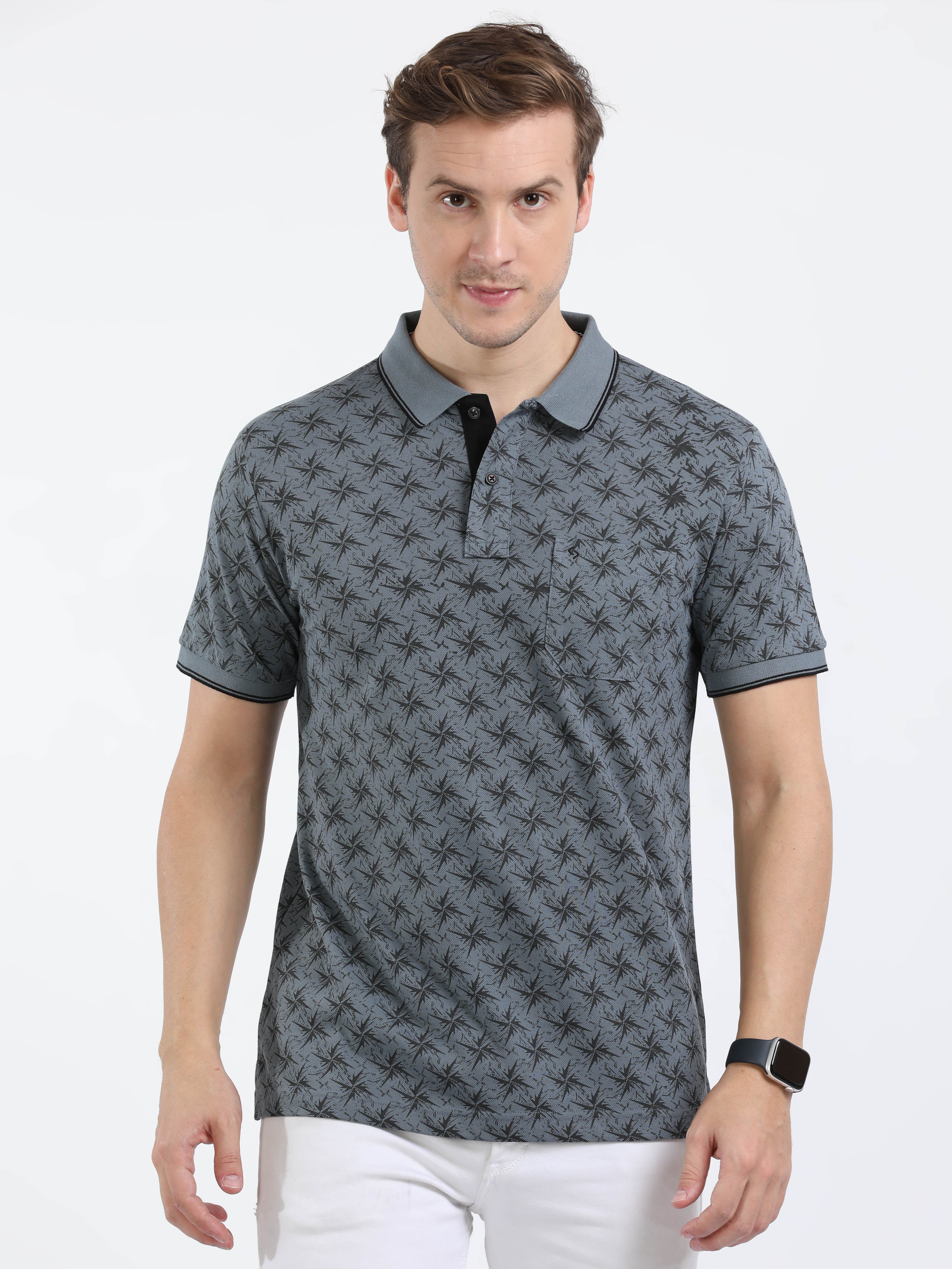 Classic Polo Mens Cotton Half Sleeves Printed Slim Fit Polo Neck Grey Color T-Shirt | Beau - 215 A Sf P