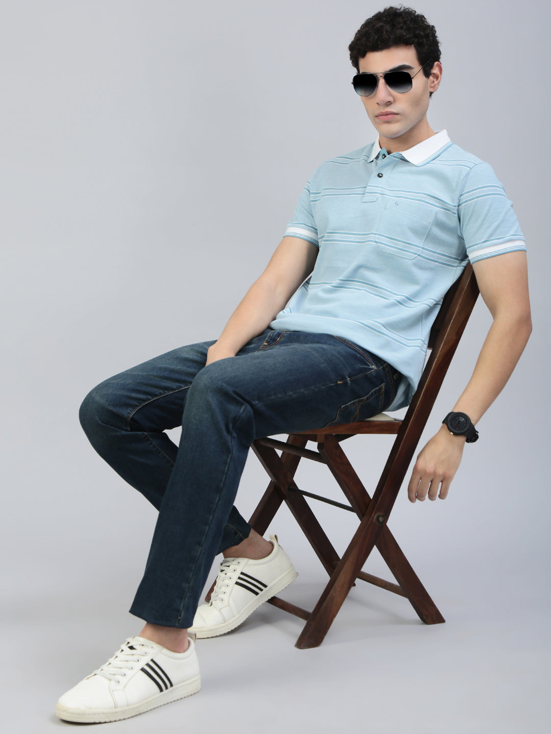Classic Polo Men's Half Sleeve Lt.Green Polo Neck Slim Fit Striped T-Shirt||ADORE - 235 A SF P