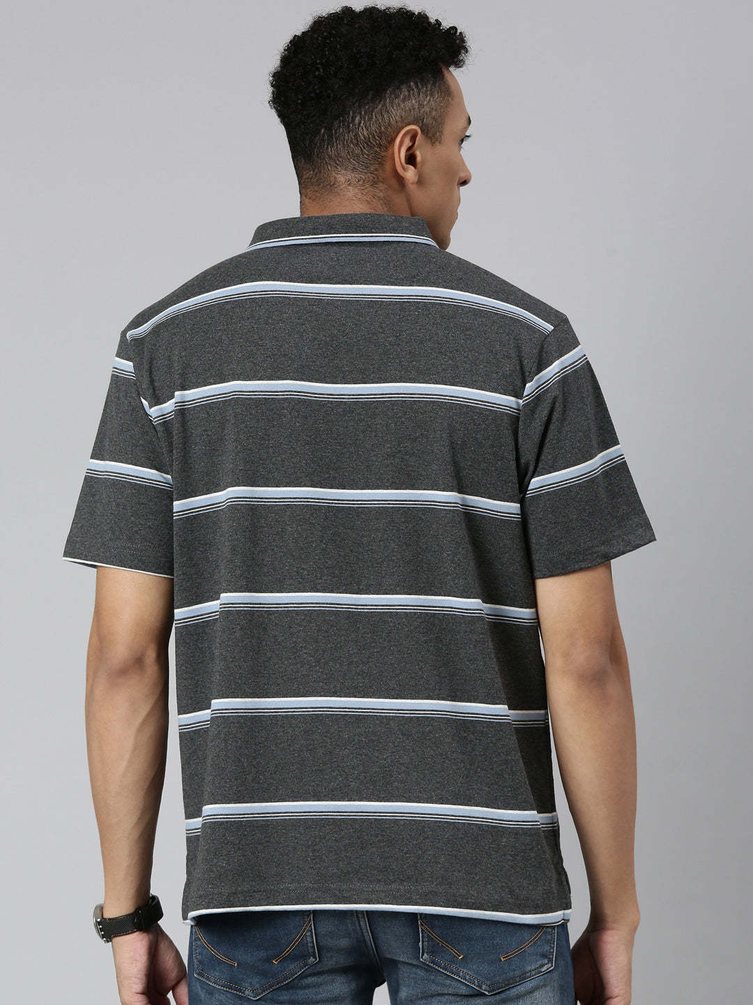 Classic Polo Men's Polo Neck Cotton Navy/Grey Authentic Fit Striped T-Shirt | MEL-254 B AF P