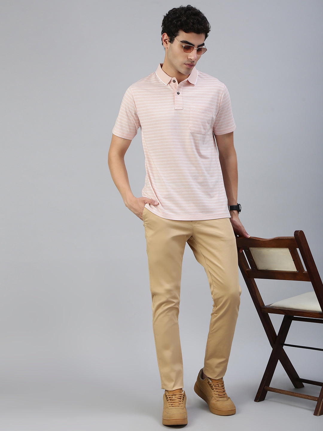 Classic Polo Men's Half Sleeve Lt.Peach/White Polo Neck Authentic Fit Striped T-Shirt||FEEDERS - 273 B AF P