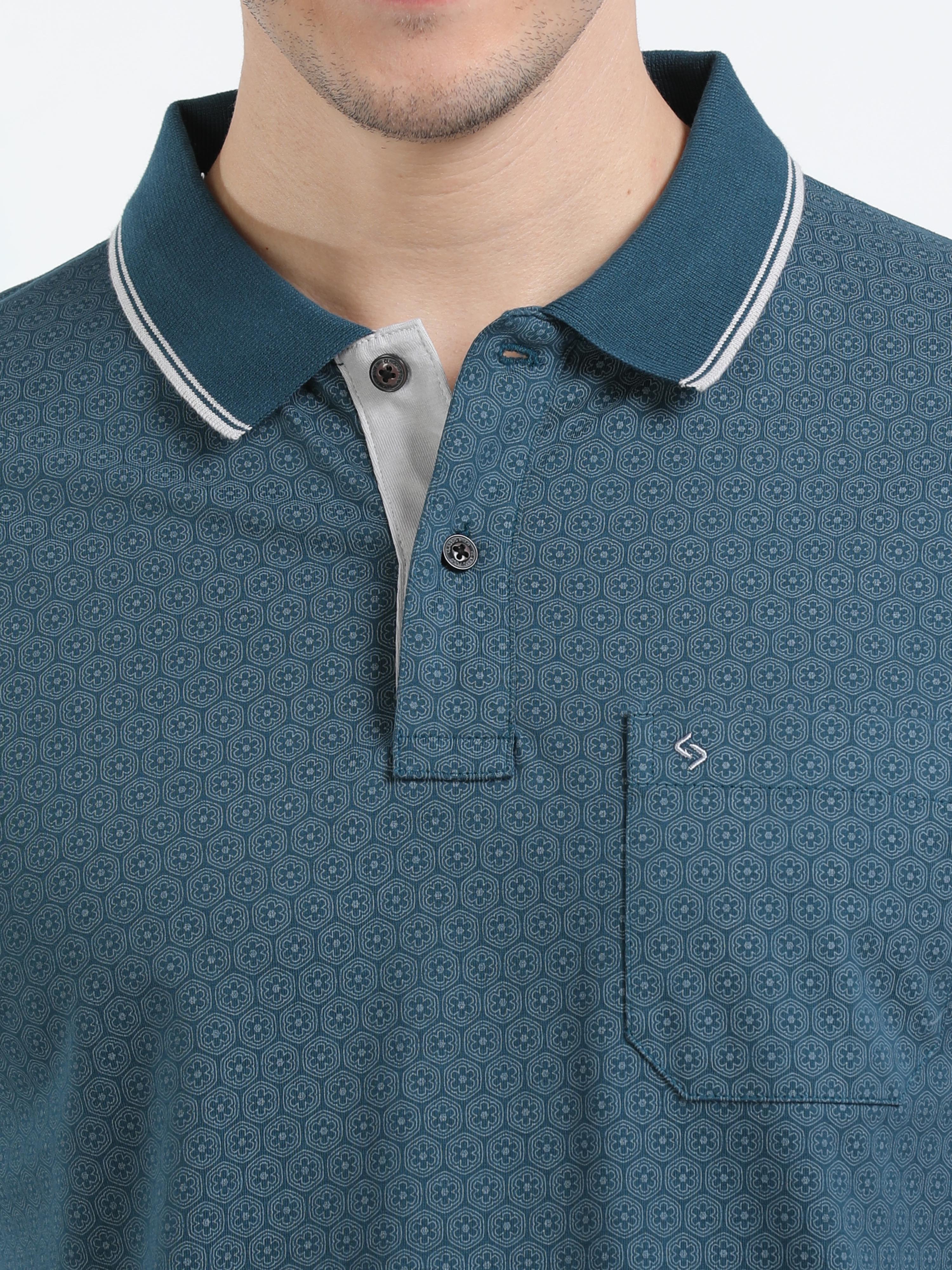 Classic Polo Mens Cotton Half Sleeves Floral Slim Fit Polo Neck Blue Color T-Shirt | Bello - 225 B Sf P