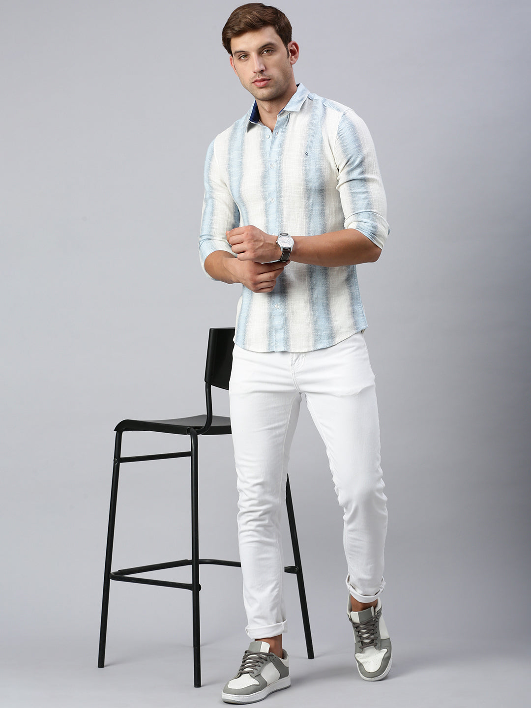 Classic Polo Men's Full Sleeve Off-White/Blue Polo Neck Slim Fit Striped Shirt | SP2-GN-01 B-FS-STR-BSL