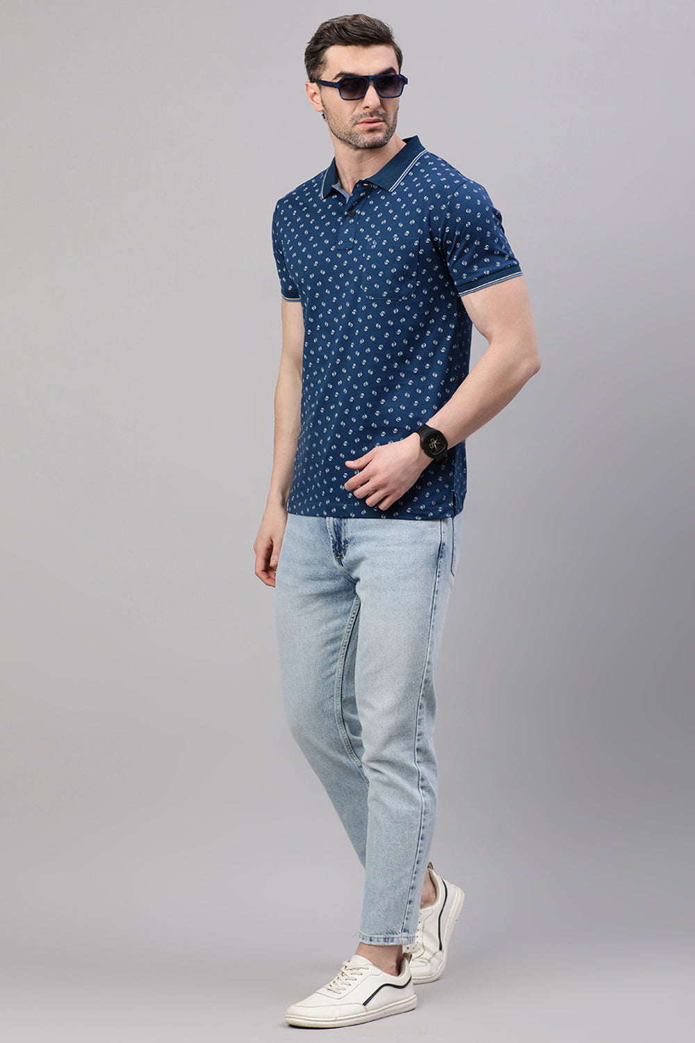 Classic Polo Men's Half Sleeve Navy Blue Polo Neck Slim Fit All-Over Print T-Shirt