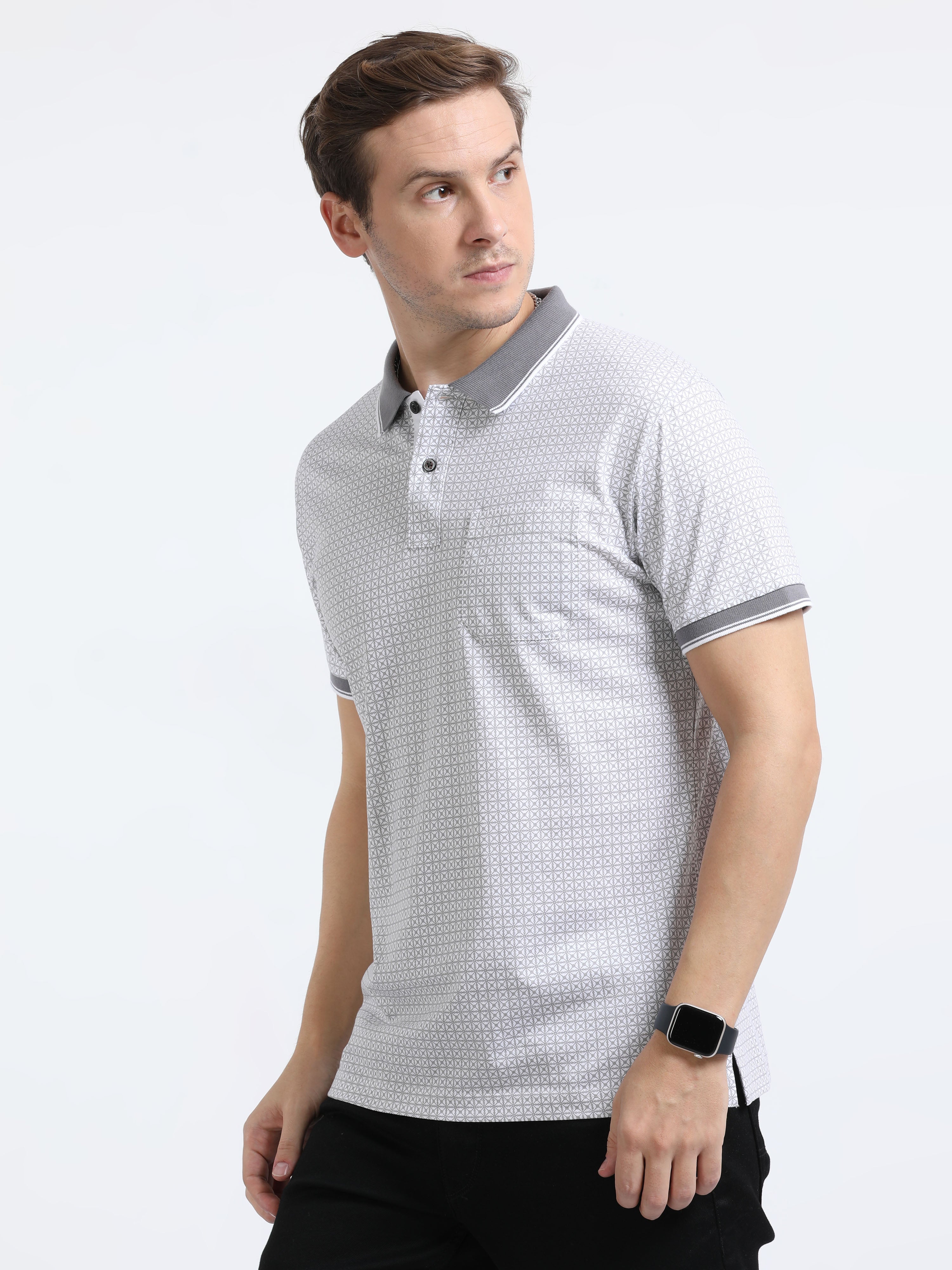 Classic Polo Mens Pure Cotton Half Sleeves Printed Slim Fit Polo Neck Grey Color T-Shirt | Bello - 217 B Sf P