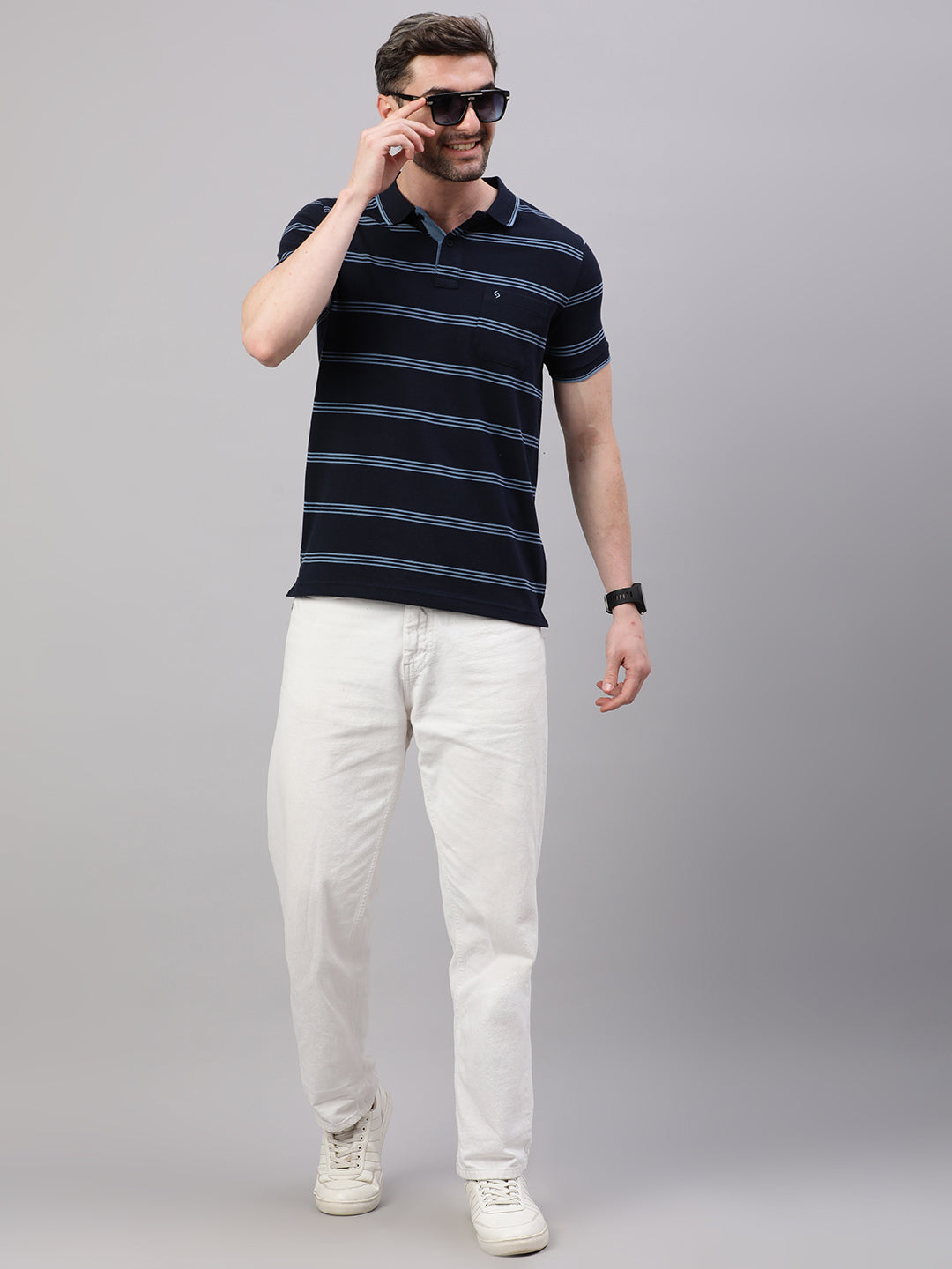 Classic Polo Men's Half Sleeve Navy Blue/Blue Polo Neck Slim Fit Striped T-Shirt||ADORE - 239 B SF P