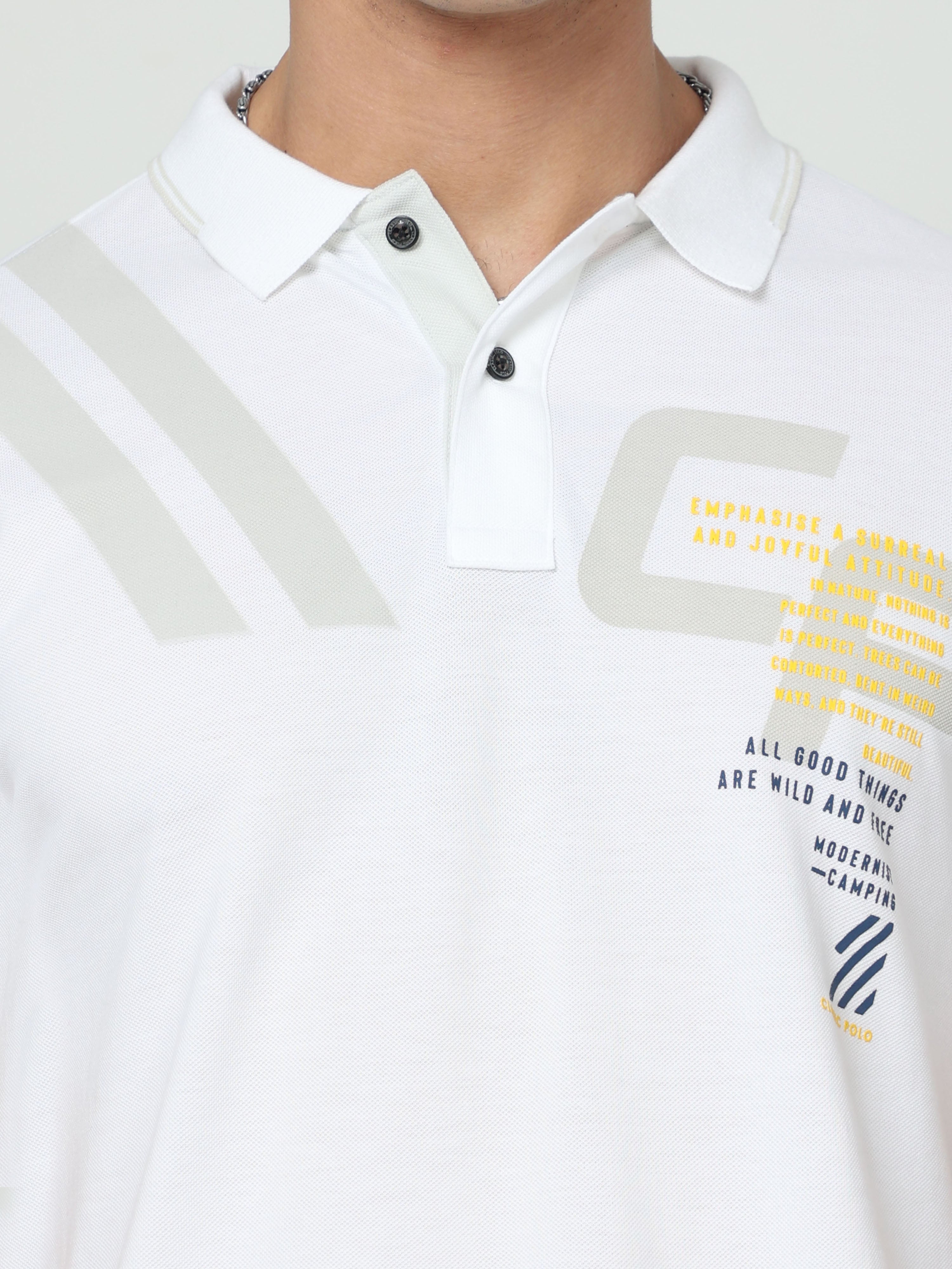 Classic Polo Mens Pure Cotton Half Sleeve Printed Slim Fit Polo Neck White Color T Shirt | Vivid Polo - 02 A