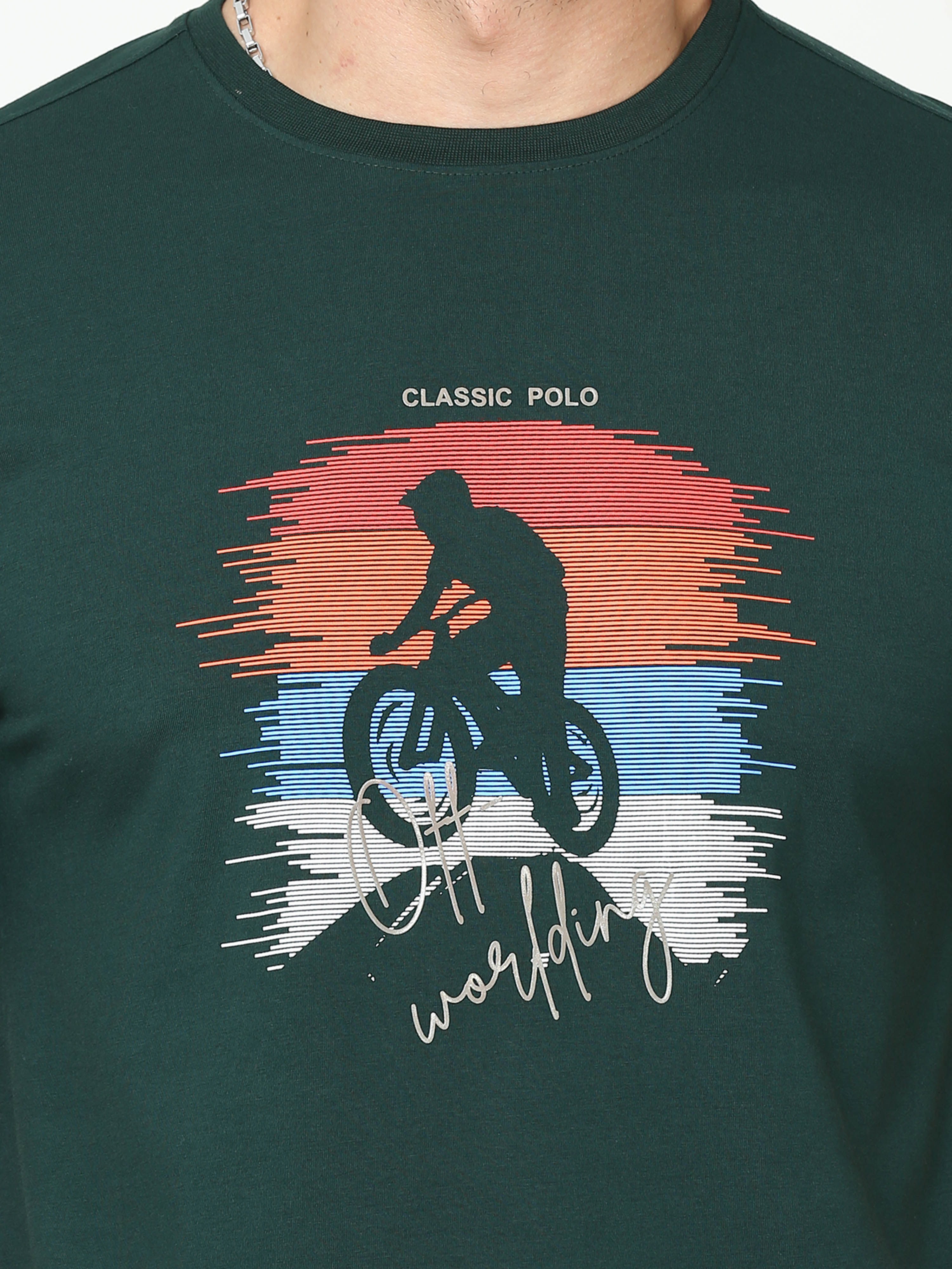 Classic Polo Mens Cotton Half Sleeves Printed Slim Fit Crew Neck Green Color T-Shirt | Baleno - 556 B Sf C