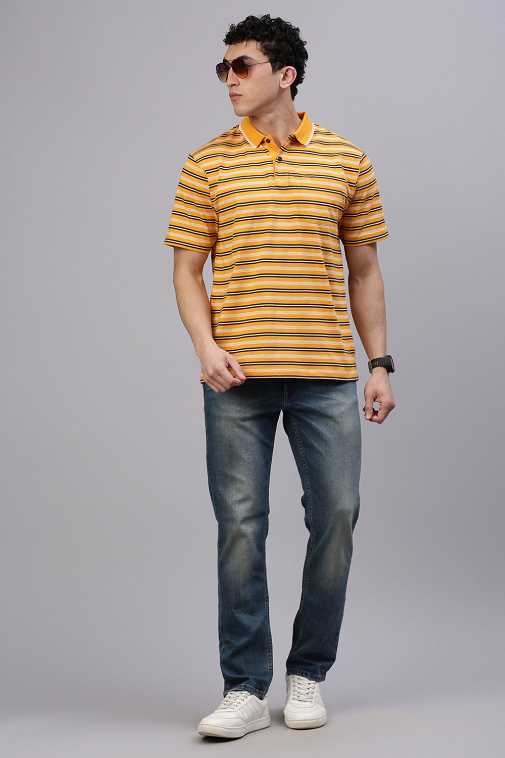 Classic Polo Men's Half Sleeve Yellow/Navy Polo Neck Authentic Fit Striped T-Shirt | FEEDERS - 277 B AF P