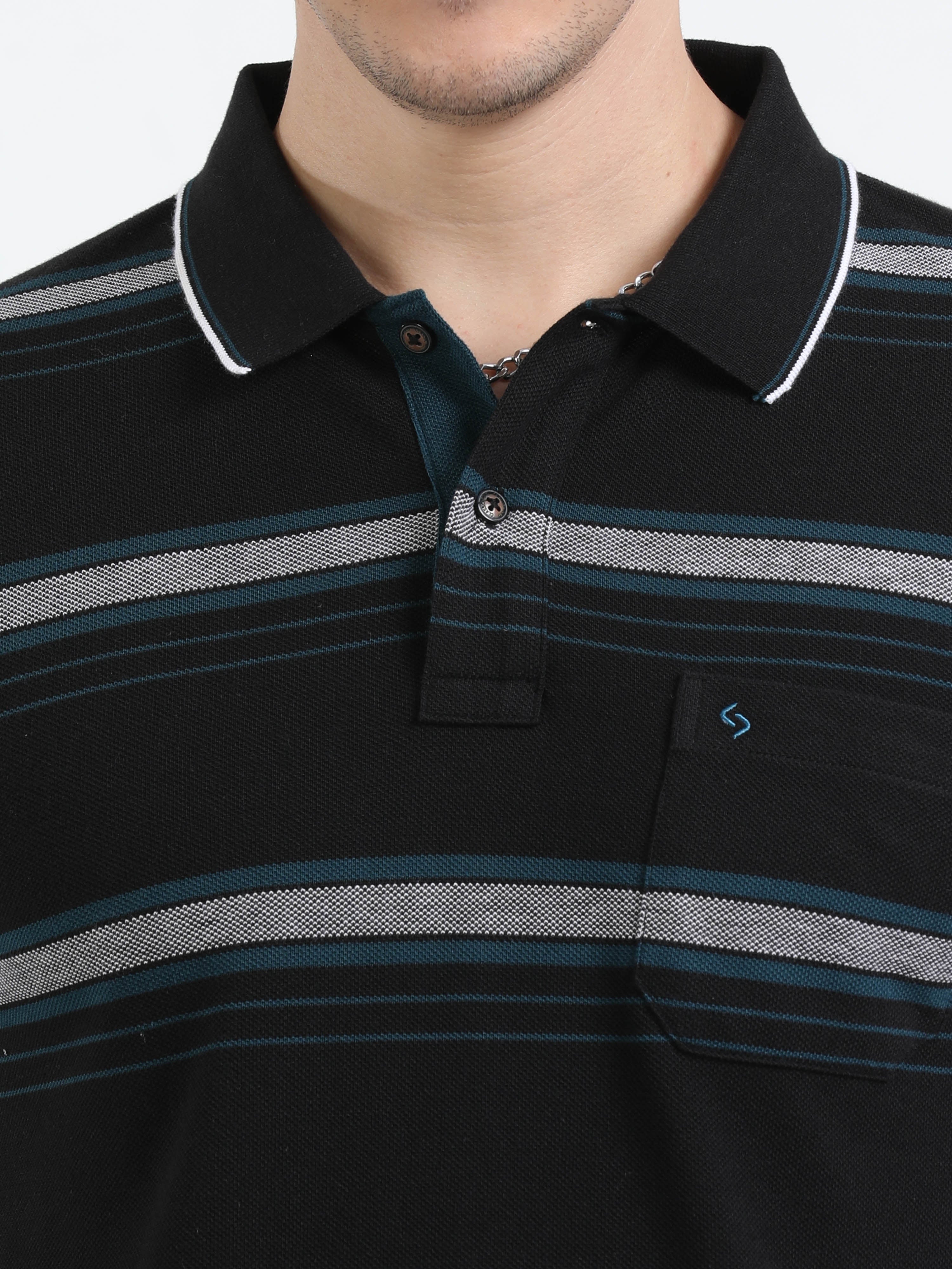Classic Polo Mens Cotton Half Sleeves Striped Slim Fit Polo Neck Black Color T-Shirt | Adore - 209 B Sf P