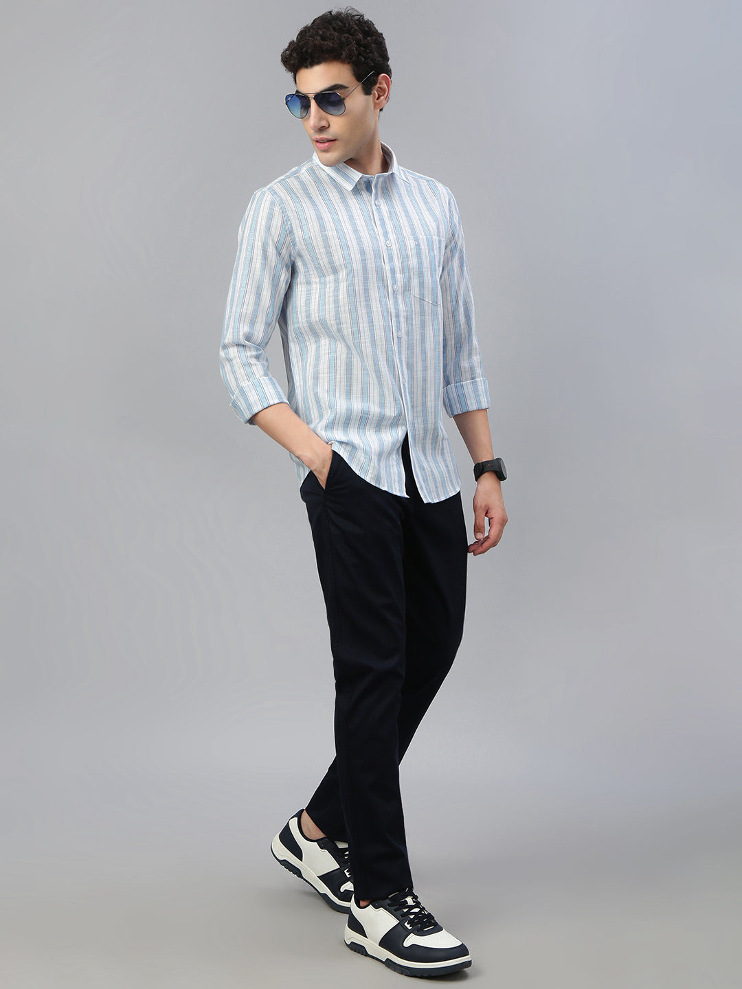 Classic Polo Men's Full Sleeve Blue/White Polo Neck Slim Fit Striped Shirt||SP2-CL-25 A-FS-STR-SF