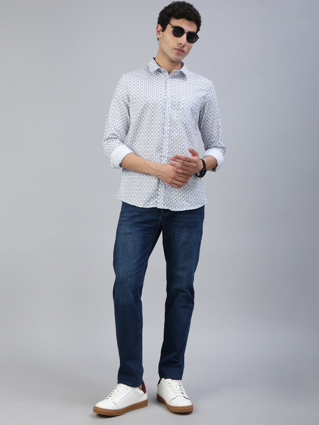 Classic Polo Men's Full Sleeve Lt.Blue/White Polo Neck Slim Fit All Over Print Shirt||SQ1-CL-41 B-FS-PRT-SF