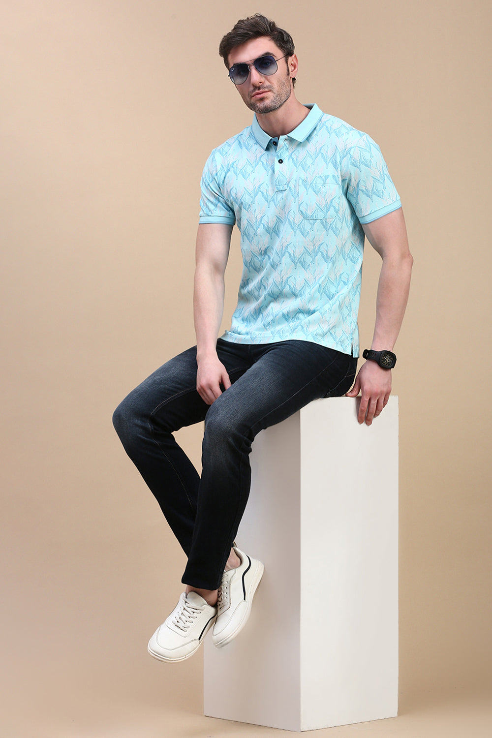 Classic Polo Men's Half Sleeve Green Polo Neck Slim Fit All Over Print T-Shirt | BEAU - 272 A SF P