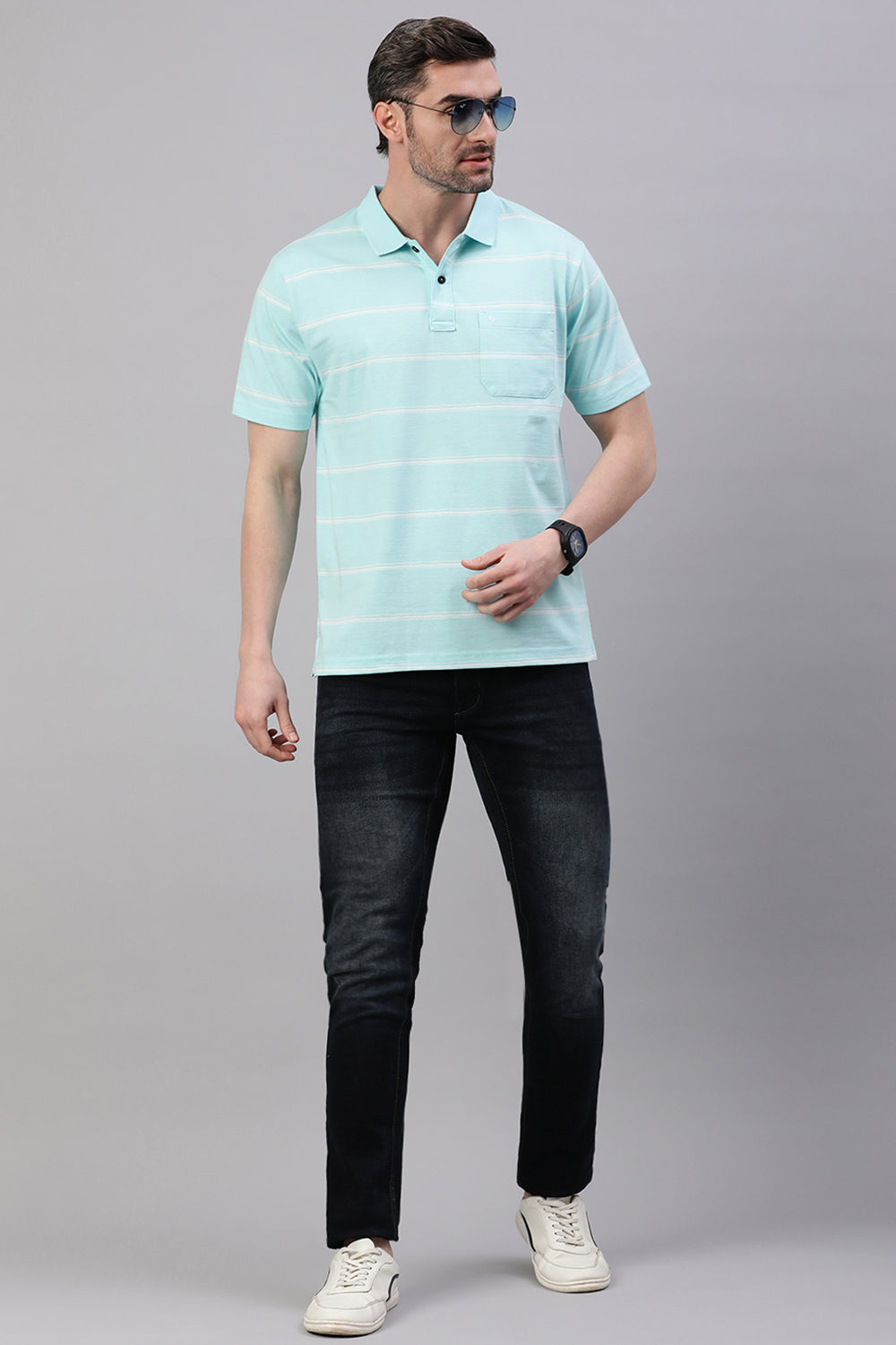 Classic Polo Men's Half Sleeve Lt.Blue/White Polo Neck Authentic Fit Striped T-Shirt