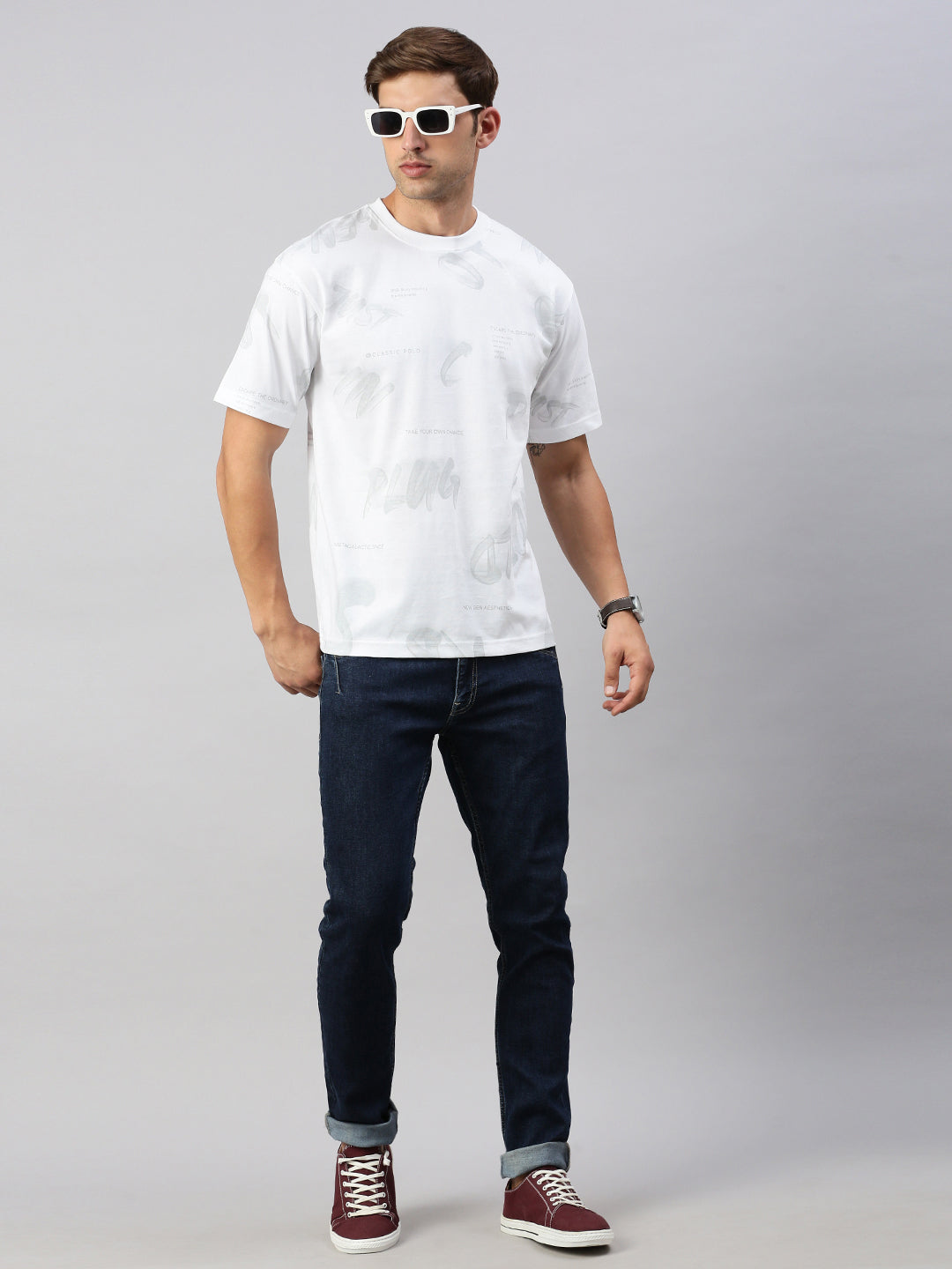 Classic Polo Men's Half Sleeve White/Grey Crew Neck Slim Fit Printed Oversized T-Shirt | GENX-CREW 57 A SF C