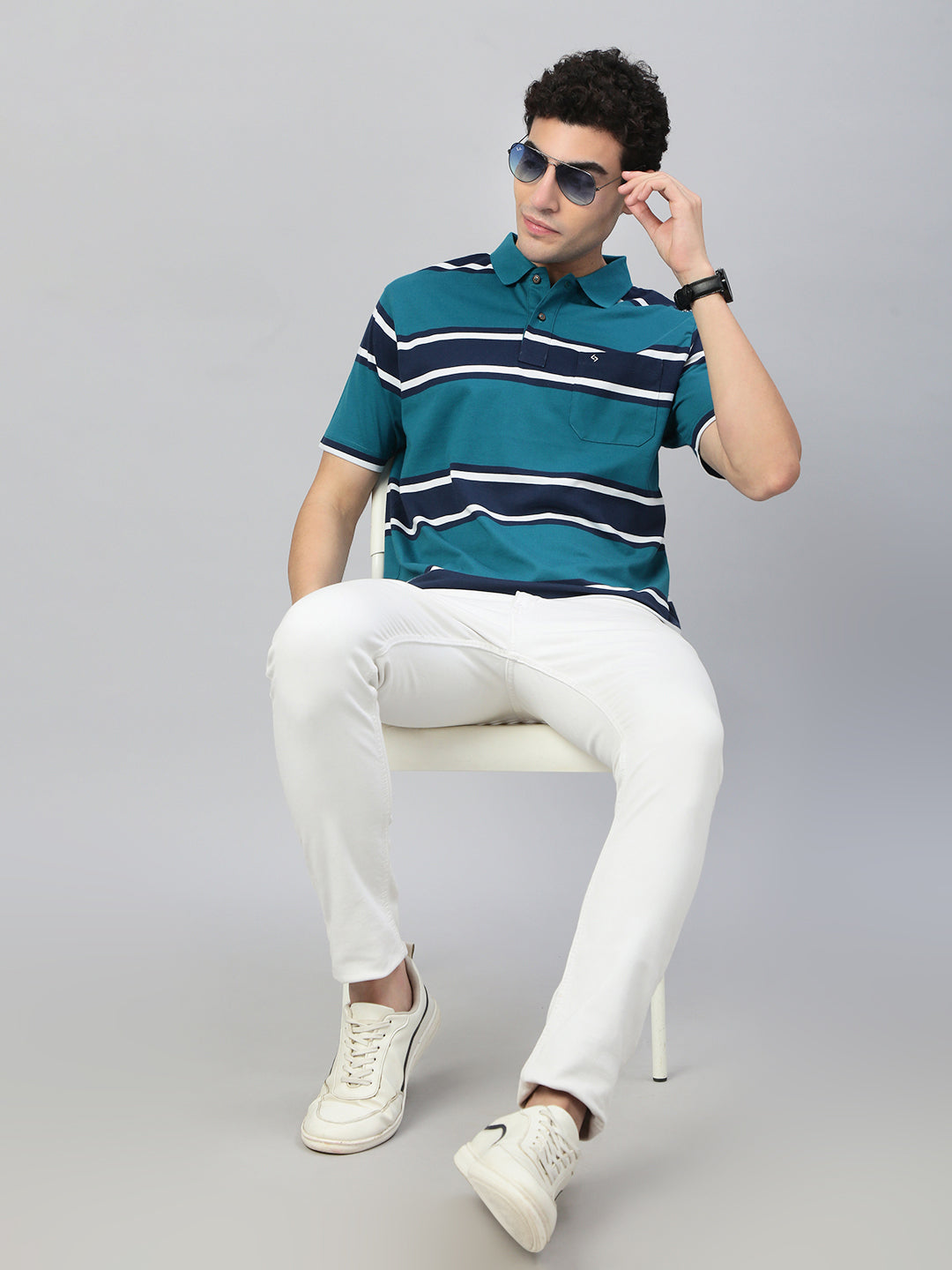 Classic Polo Men's Half Sleeve Teal Blue/Navy Polo Neck Authentic Fit Striped T-Shirt||AVON - 614 B AF P