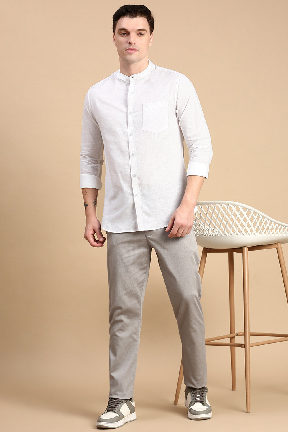 Classic Polo Men's Full Sleeve White Mandrain Slim Fit Solid Shirt | SP2-EL-43 A-FS-SLD-SF-M