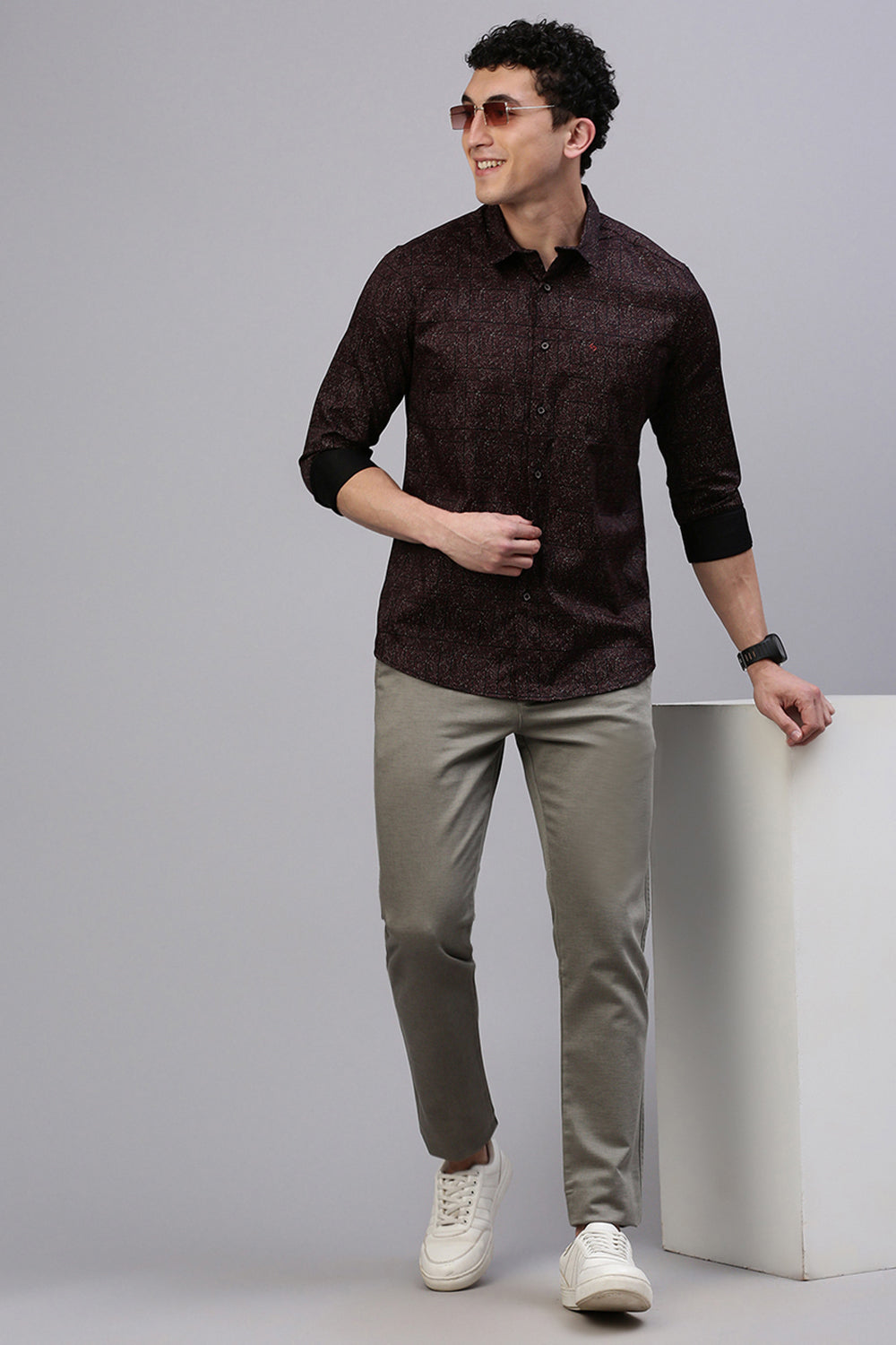 Classic Polo Men's Full Sleeve Brown Polo Neck Slim Fit All-Over Print Shirt