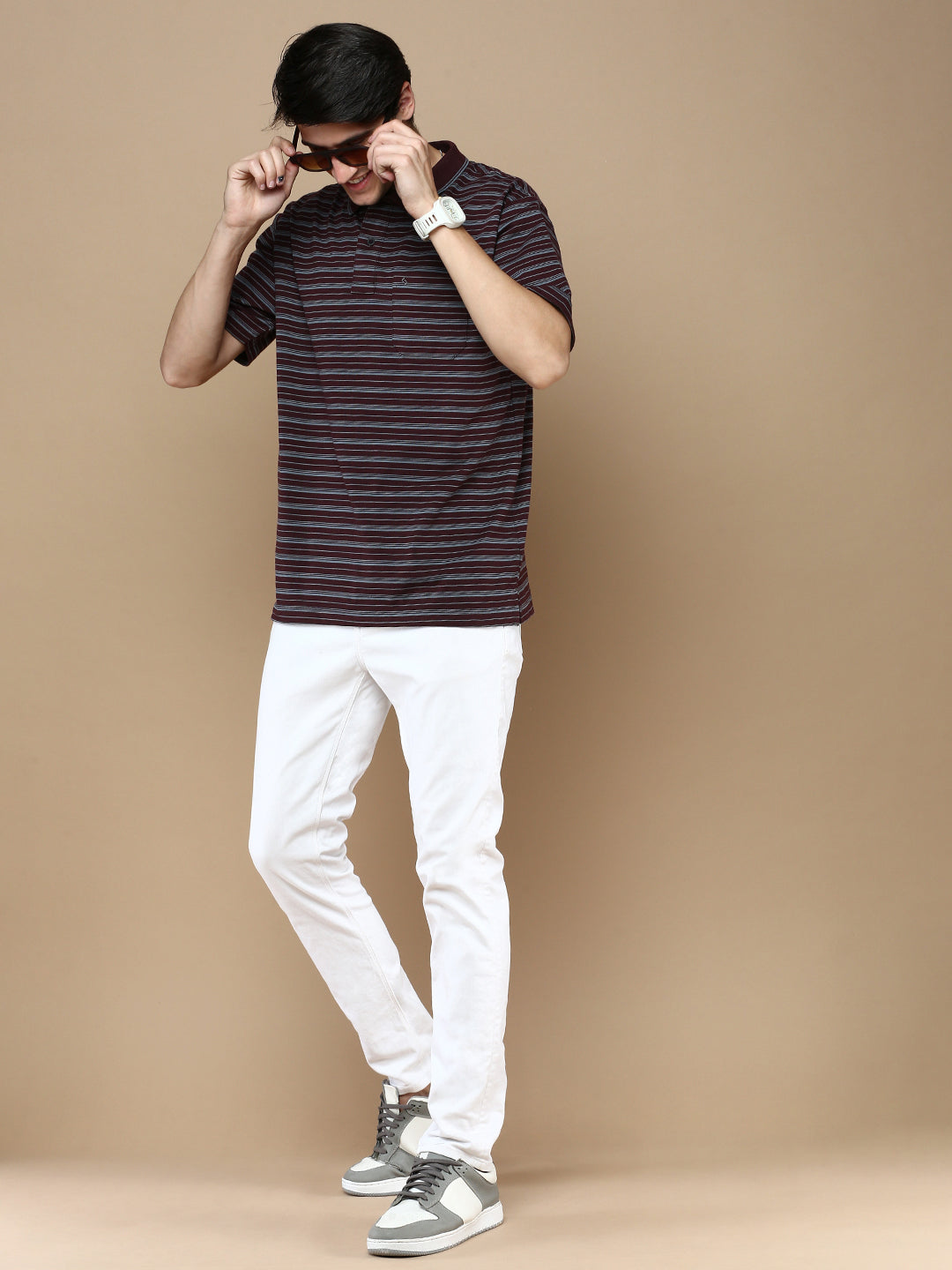 Classic Polo Men's Half Sleeve Burgundy Polo Neck Authentic Fit Striped T-Shirt | FEEDERS - 264 A AF P