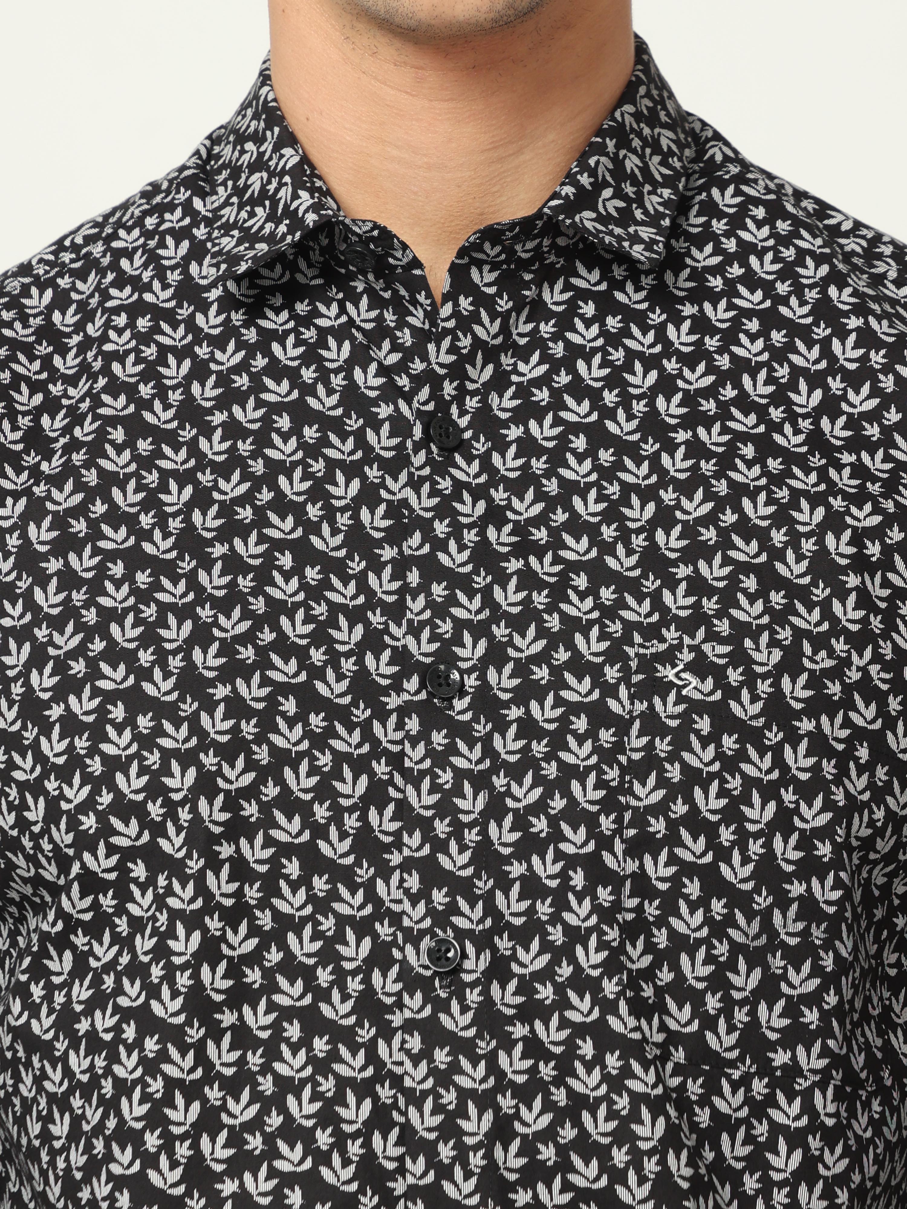 Classic Polo Mens Cotton Full Sleeve Printed Slim Fit Polo Neck Black Color Woven Shirt | SO1-169 B-FS-PRT