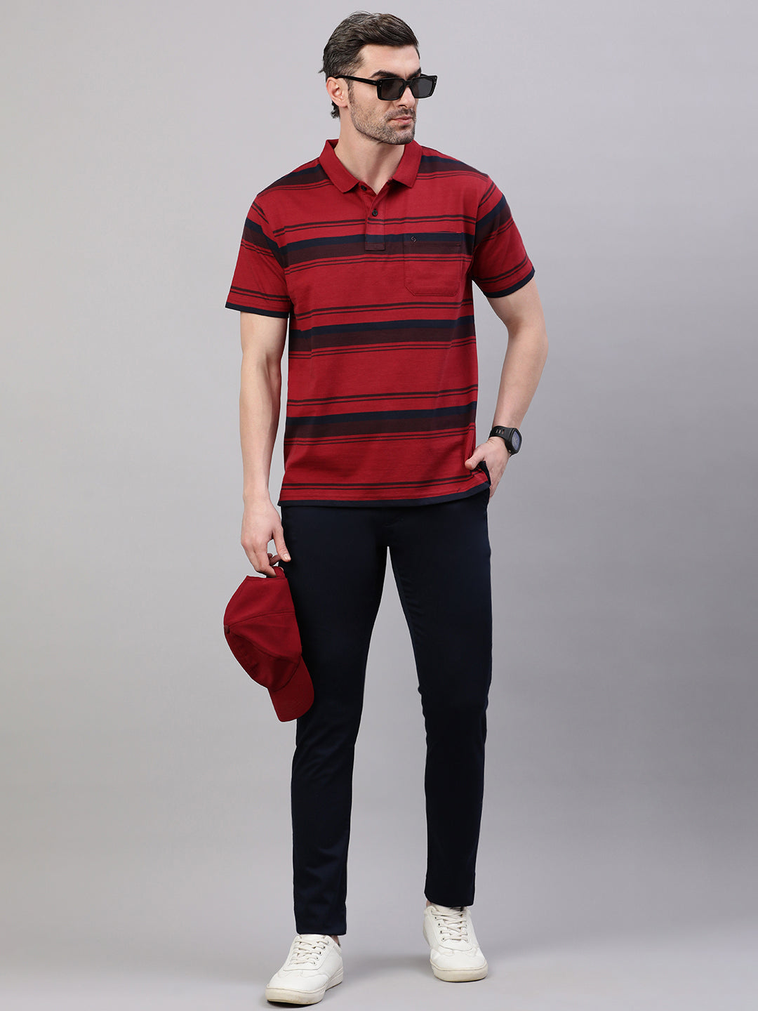 Classic Polo Men's Half Sleeve MaroonBlack Polo Neck Authentic Fit Striped T-Shirt||AVON - 616 A AF P