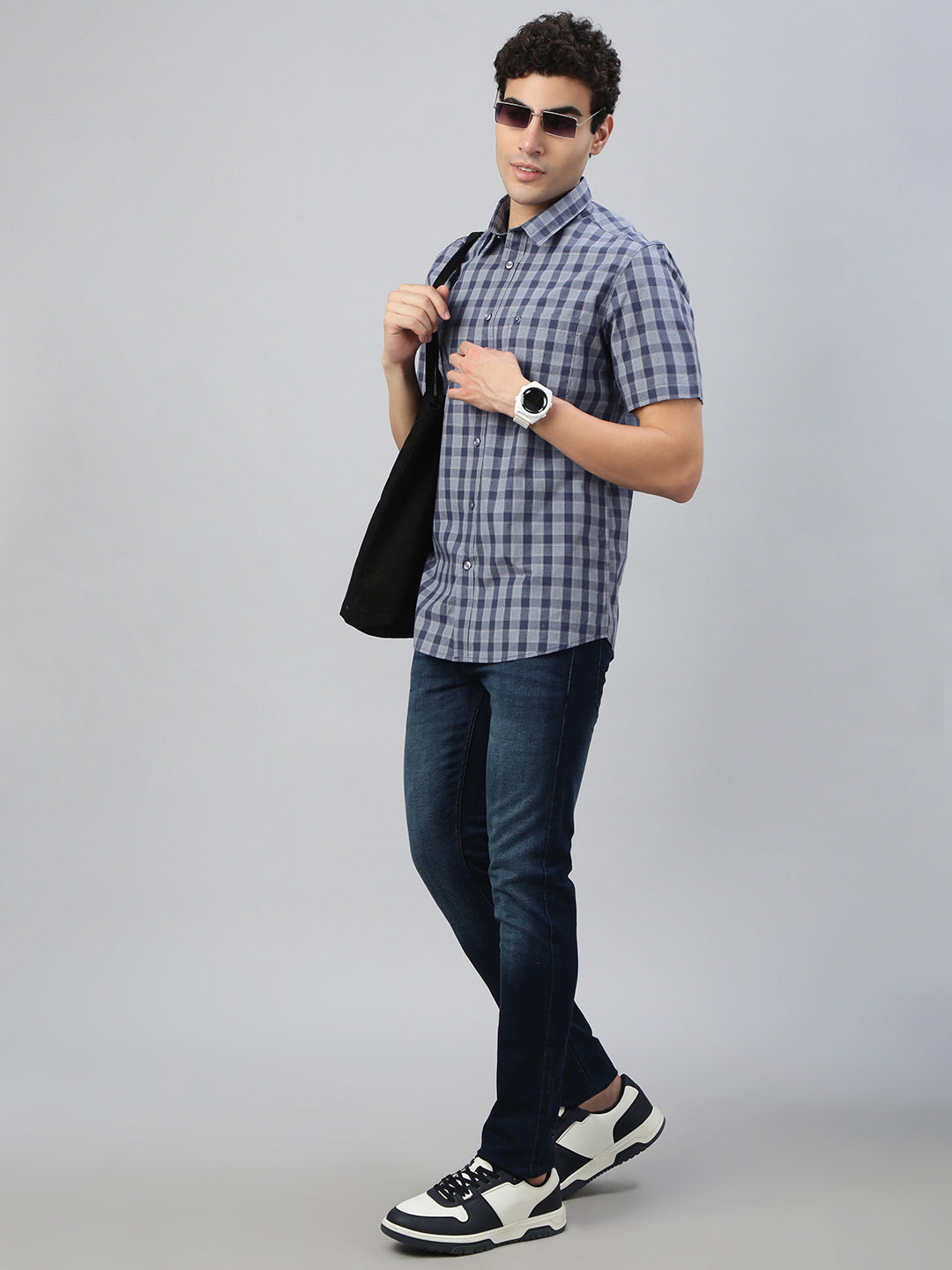 Classic Polo Men's Half Sleeve Blue Polo Neck Slim Fit Checked Shirt||SQ1-CL-63 A-HS-CHK-SF