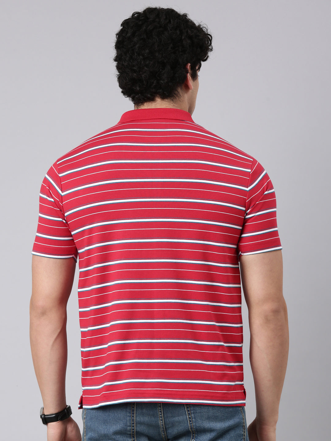 Classic Polo Men's Half Sleeve Red/White Polo Neck Authentic Fit Striped Cotton Blend T-Shirt | FEEDERS - 307 B AF P
