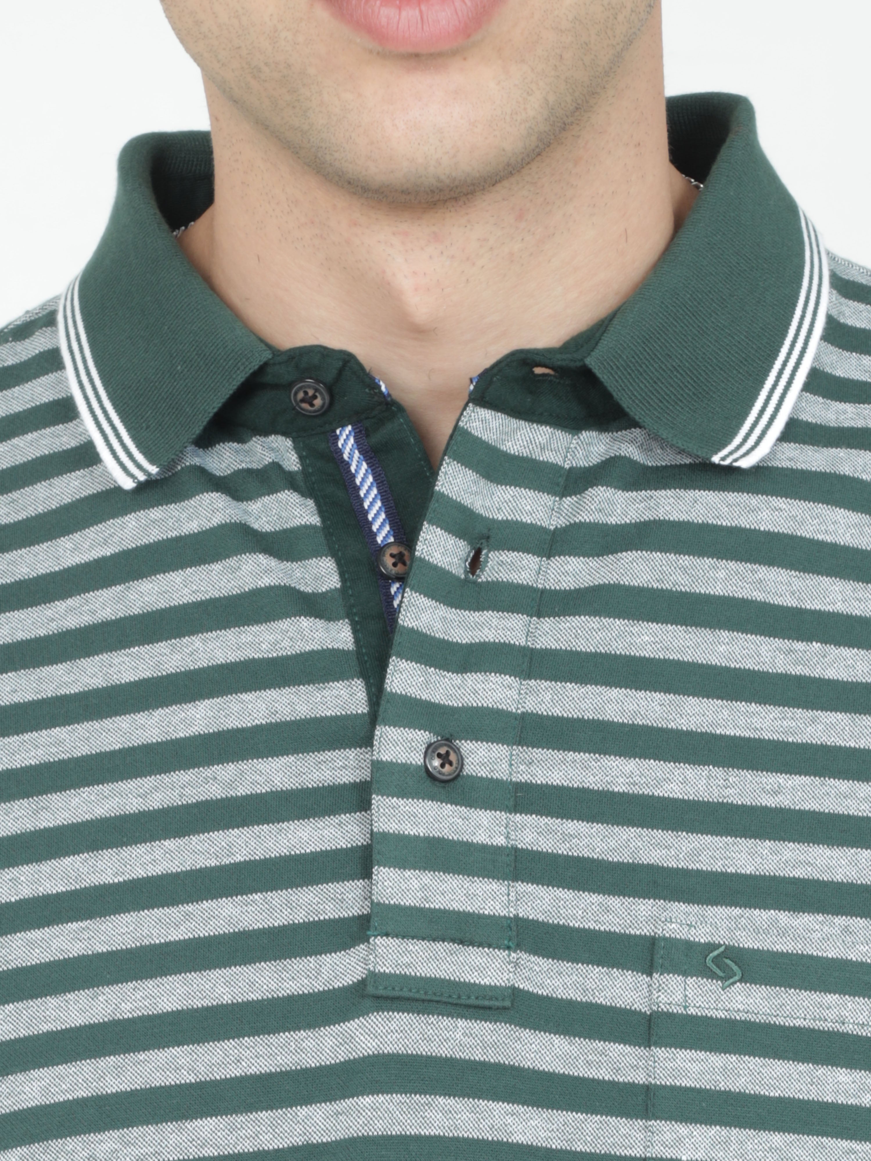 Classic Polo Mens Cotton Half Sleeves Striped Authentic Fit Polo Neck Green Color T-Shirt | Rare - 09 A Af P